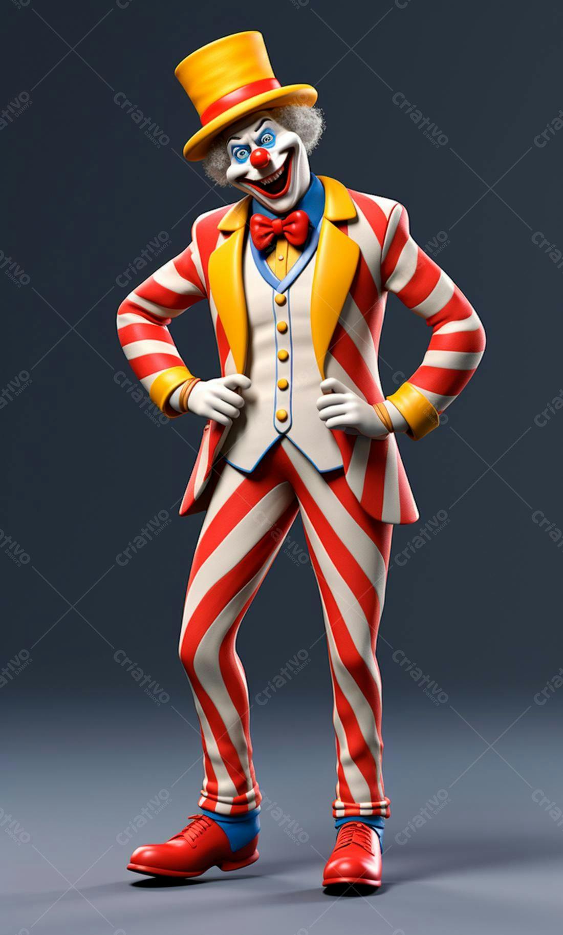 Palhaço divertido em traje listrado vermelho e branco