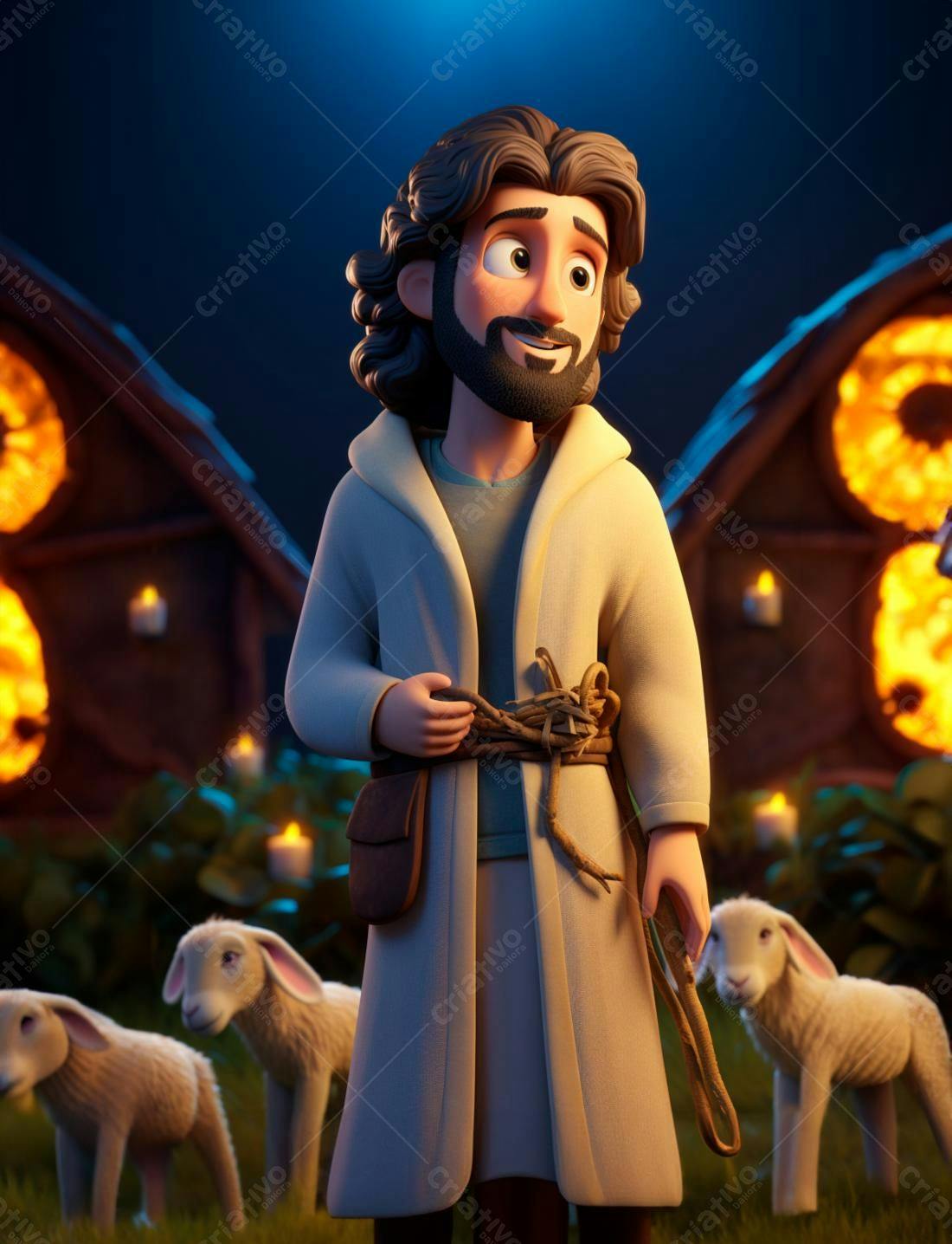 Pastor com ovelhas noite natalina
