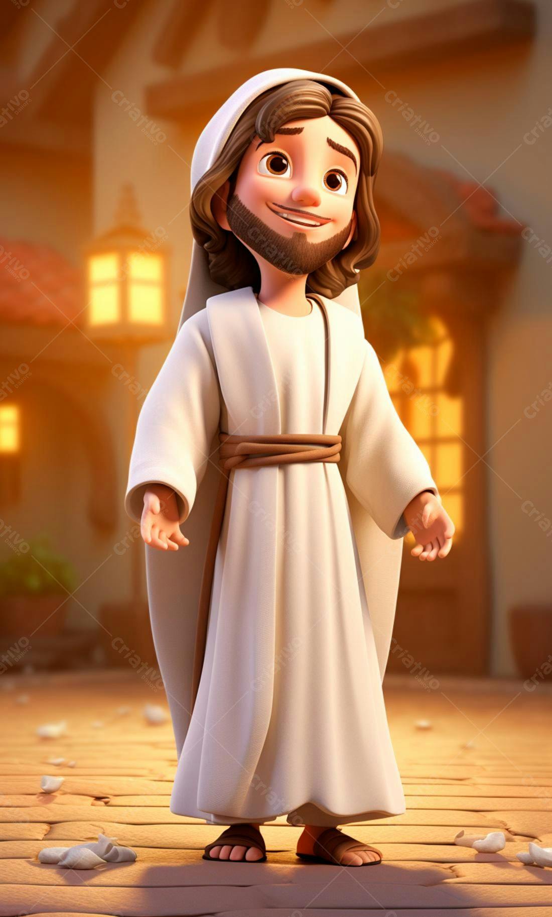 Jesus desenho animado sorrindo ao entardecer