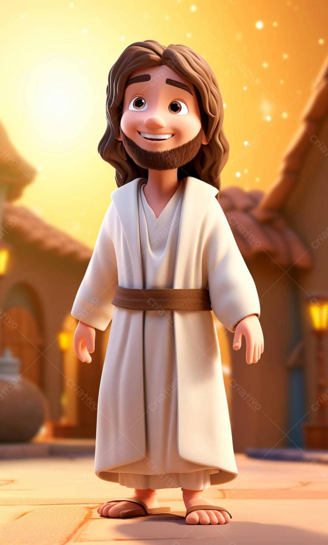 Jesus desenho animado sorrindo ao pôr do sol