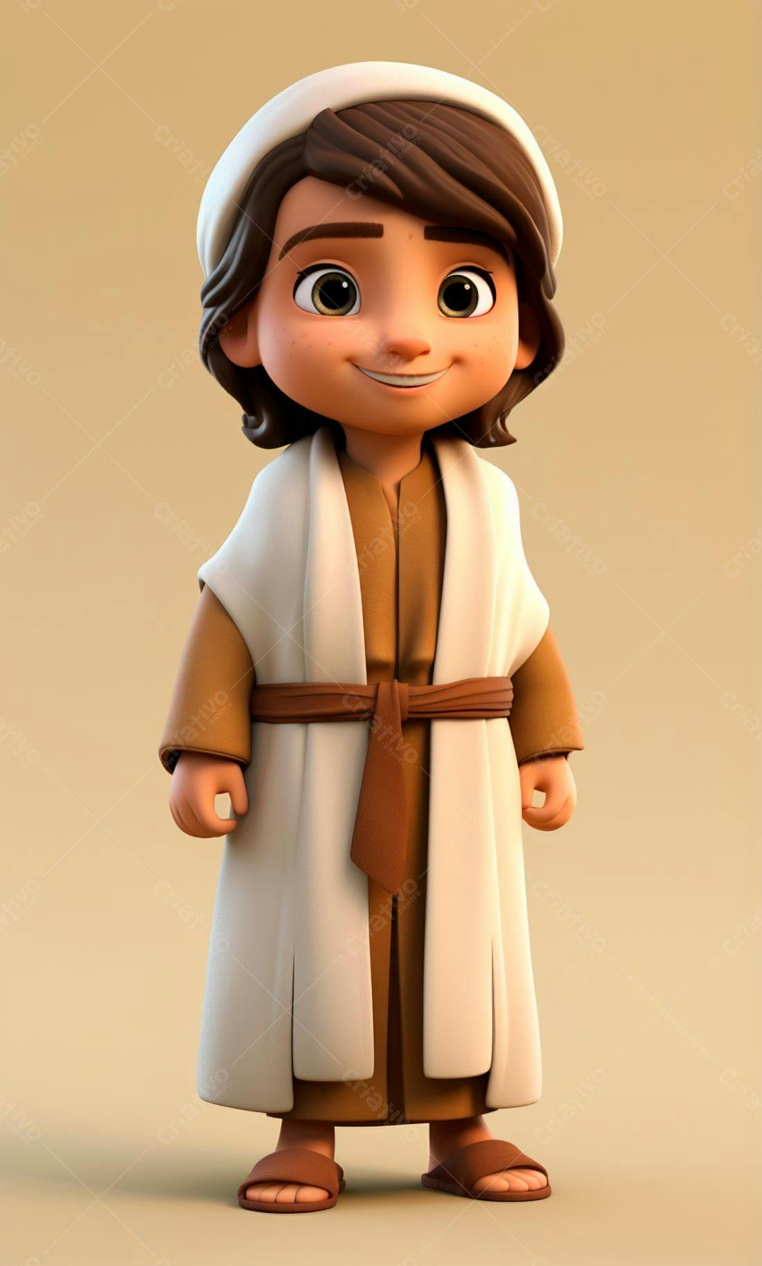 Menino sorridente vestindo túnica bege