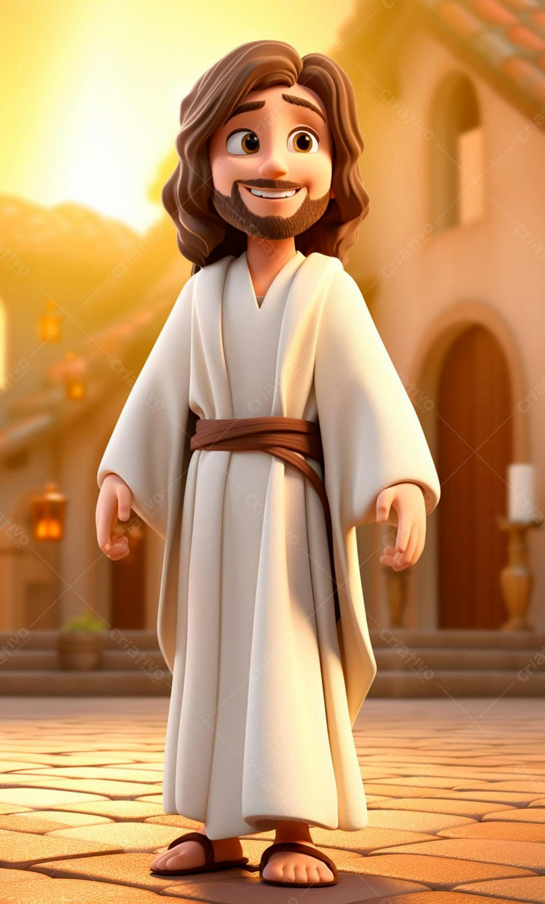 Jesus desenho animado sorrindo ao entardecer