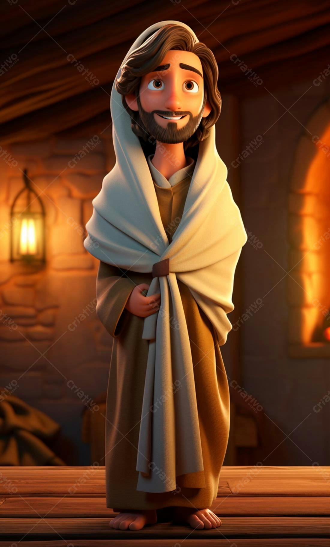Jesus desenho animado em ambiente aconchegante