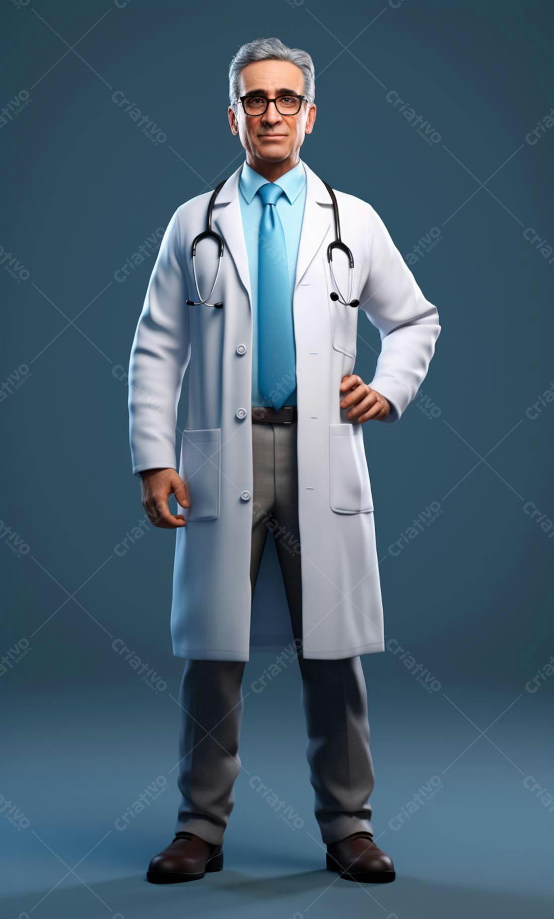 Médico idoso de jaleco branco fundo azul