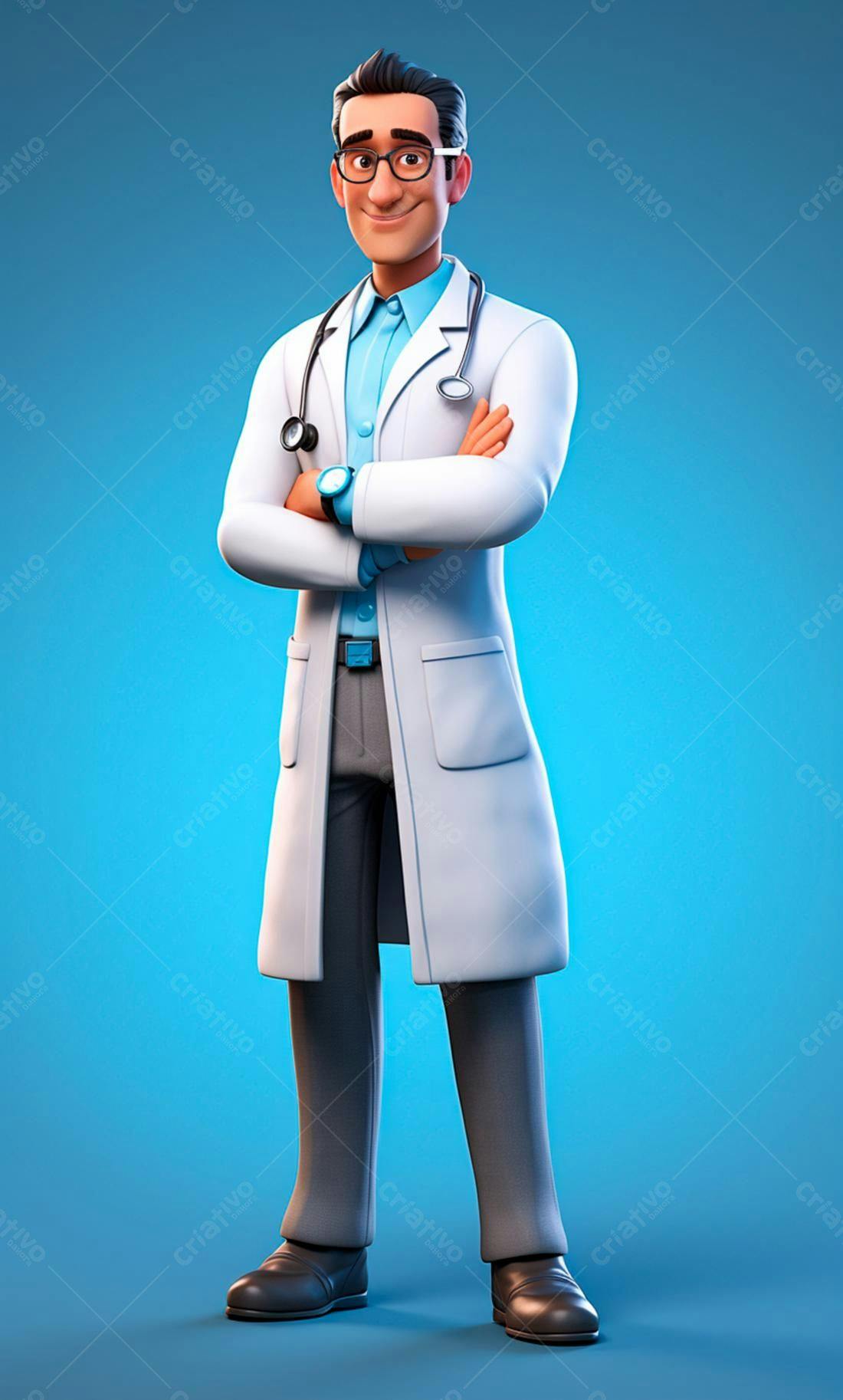 Médico animado braços cruzados fundo azul
