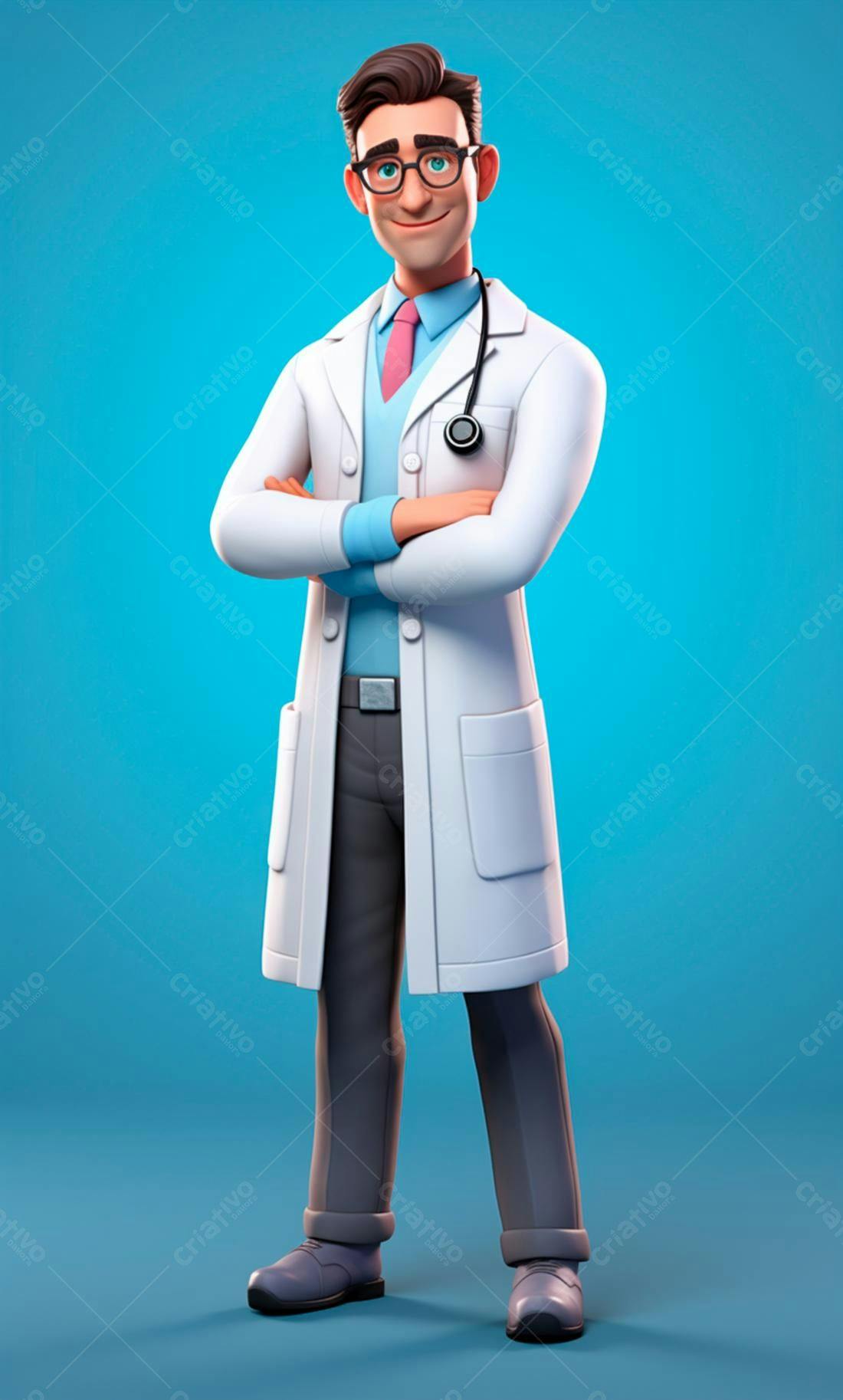 Médico cartum braços cruzados fundo azul