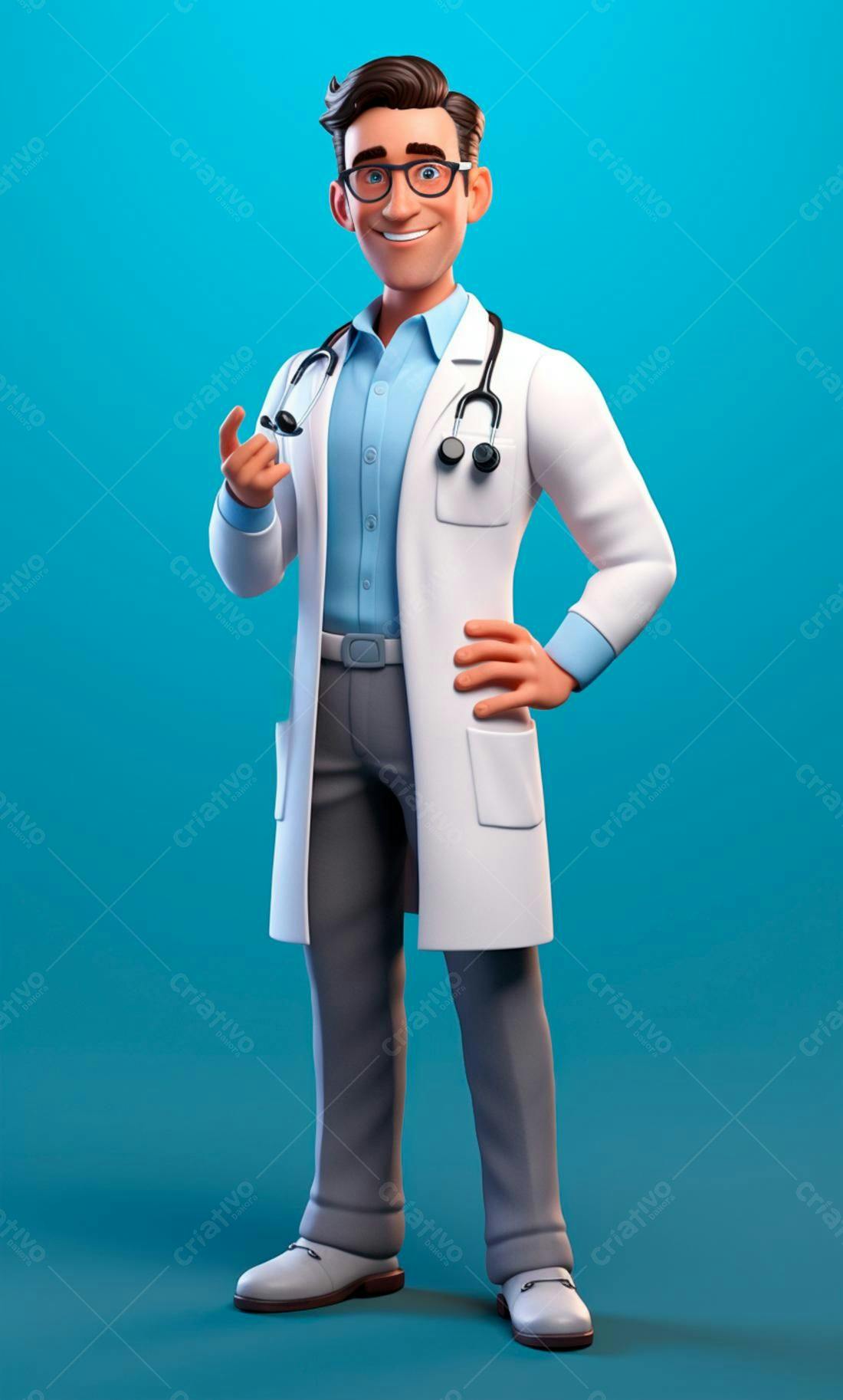 Médico 3D sorrindo fundo azul