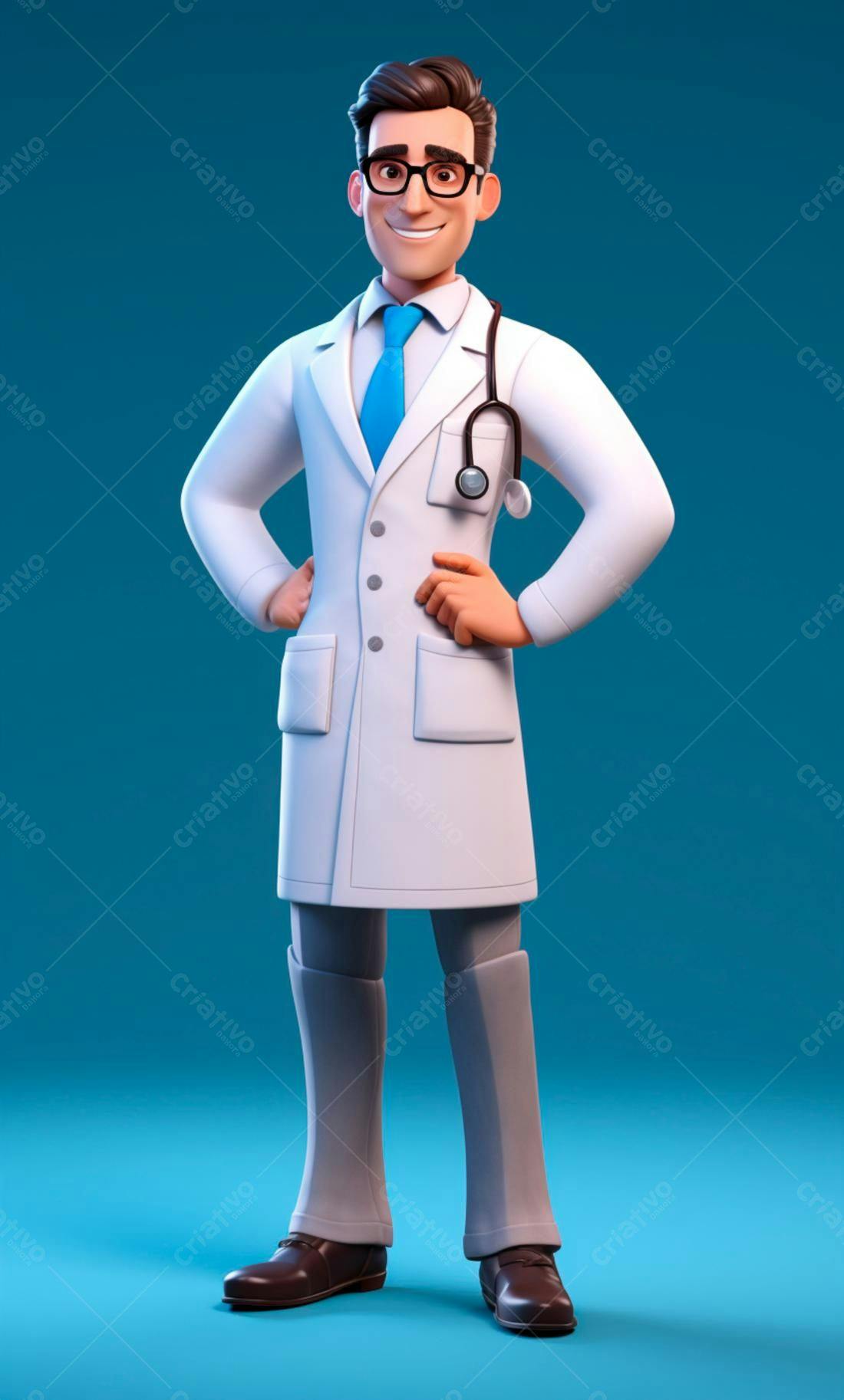 Médico desenho animado sorrindo fundo azul