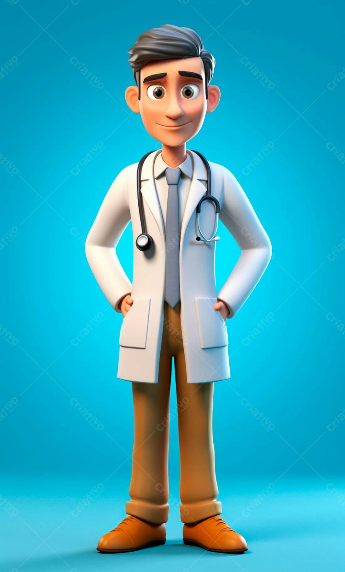 Médico desenho animado alegre fundo azul