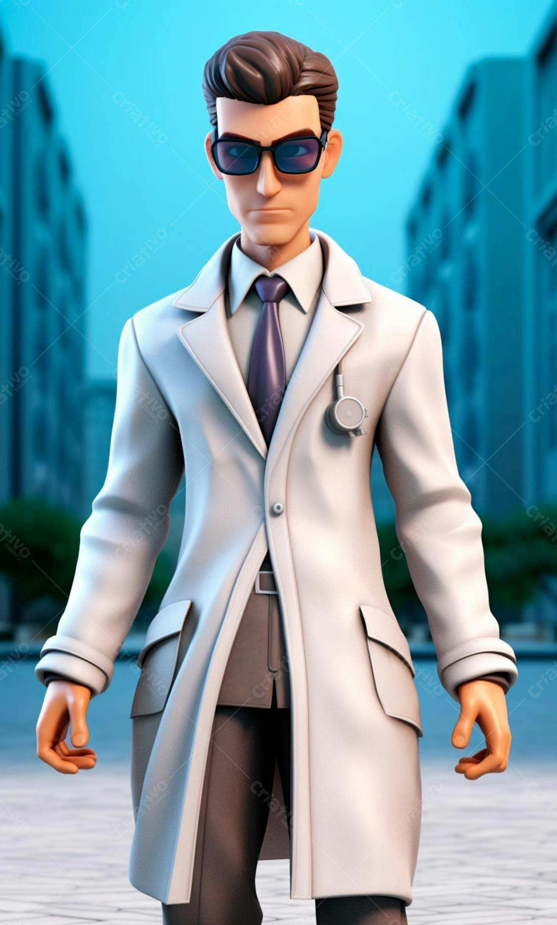 Médico em estilo cartoon na cidade
