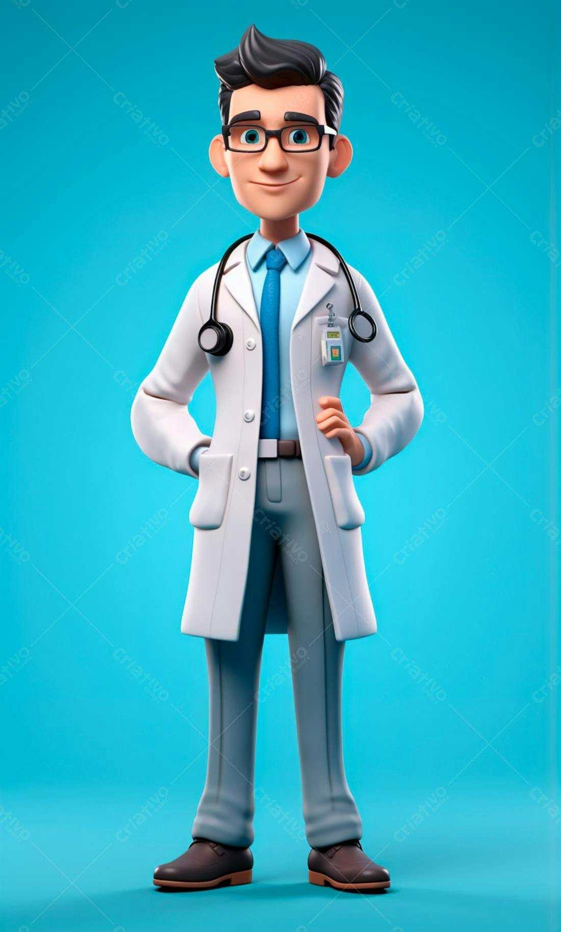 Médico de desenho animado sorridente fundo azul