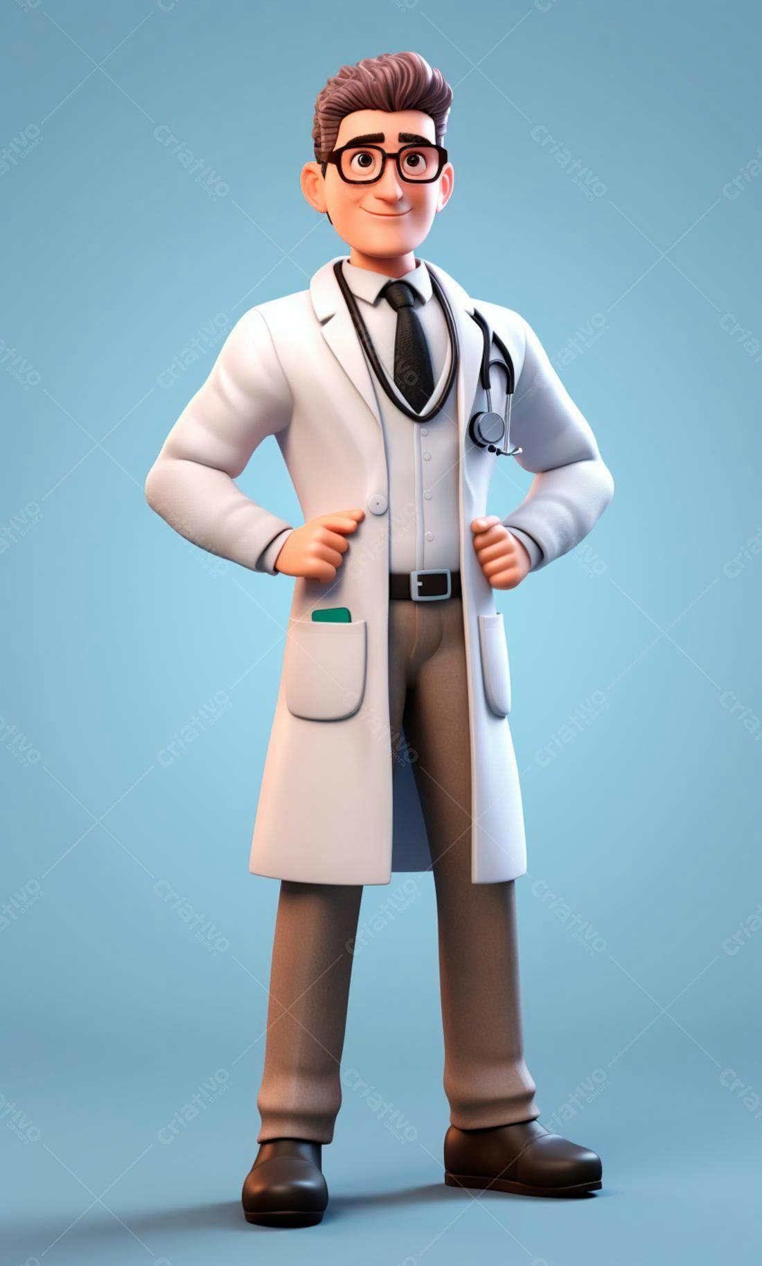 Médico cartoon sorrindo em fundo azul