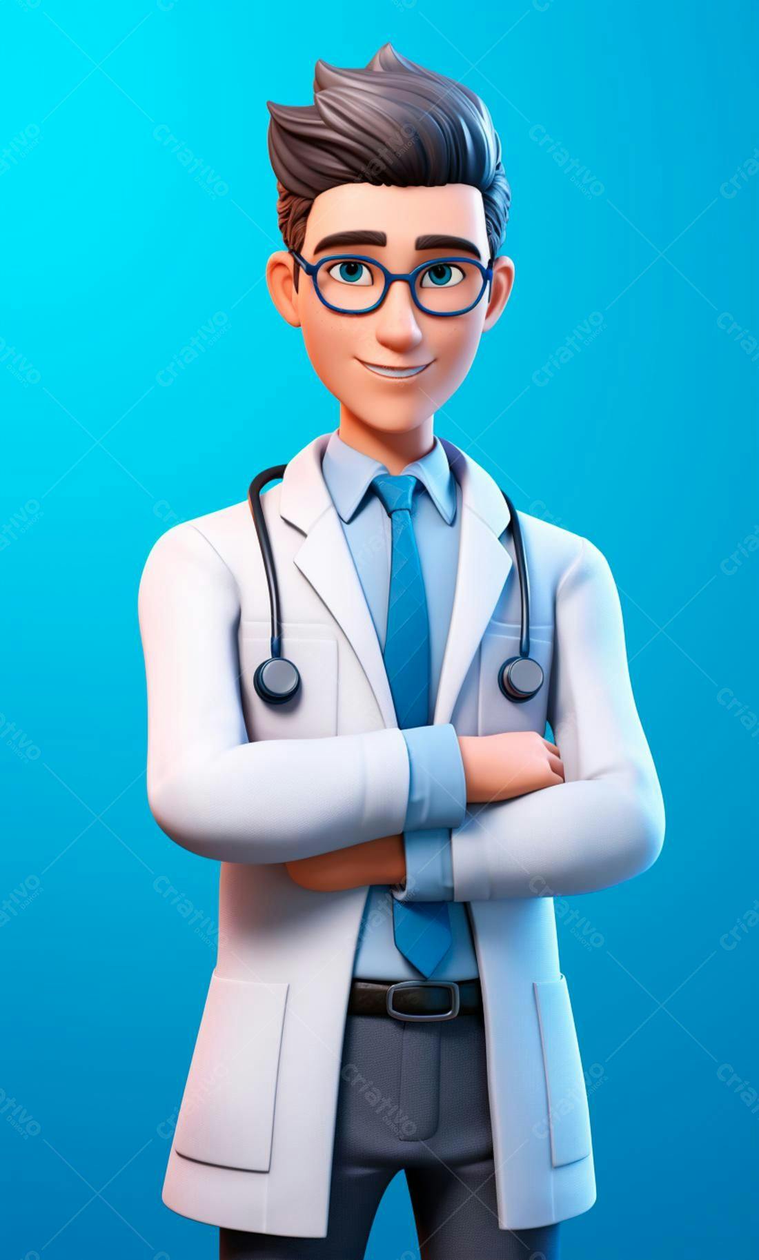 Médico 3D braços cruzados fundo azul
