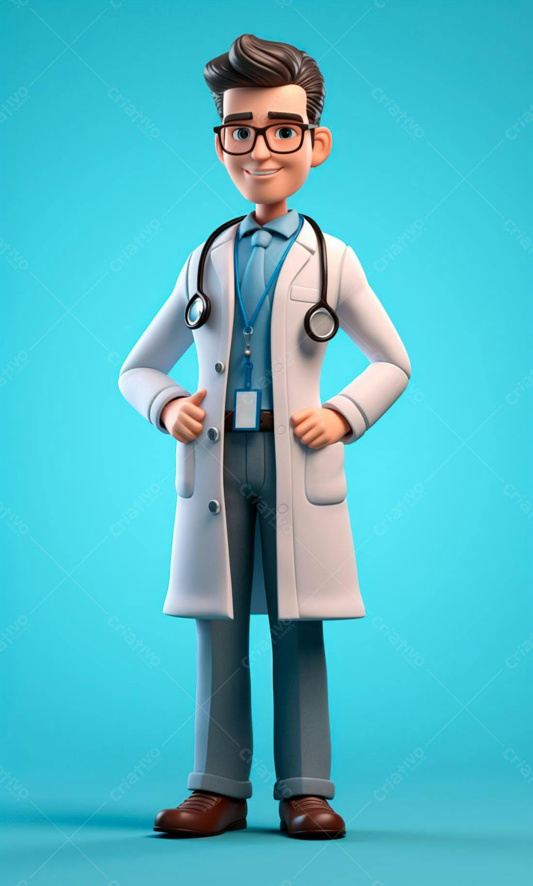 Médico 3D sorrindo fundo azul
