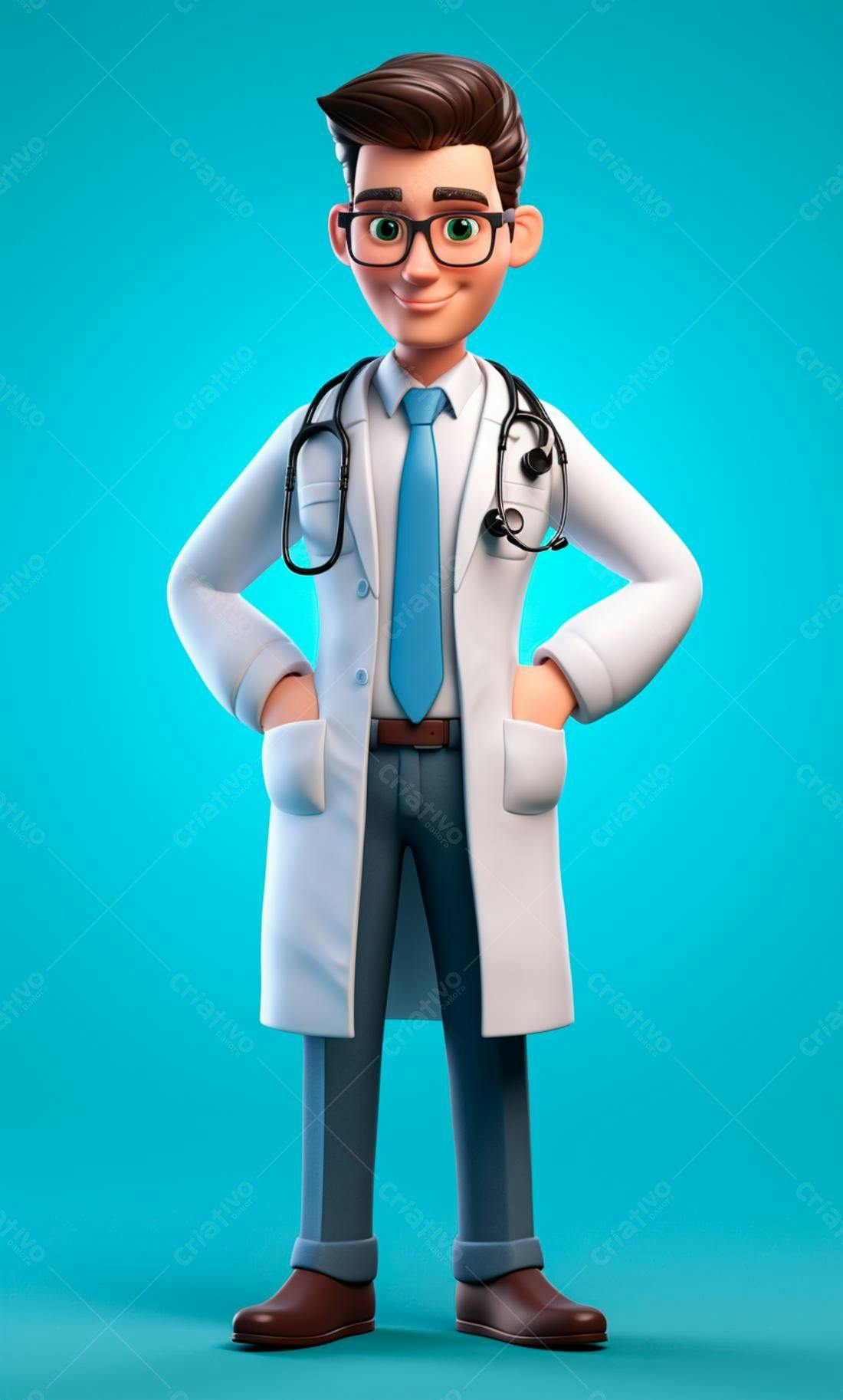 Médico Cartoon Sorrindo fundo azul