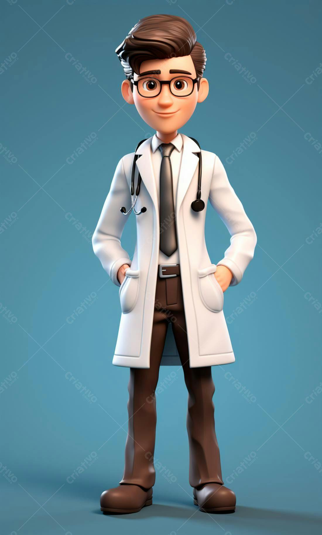 Médico Cartoon Sorrindo em fundo azul