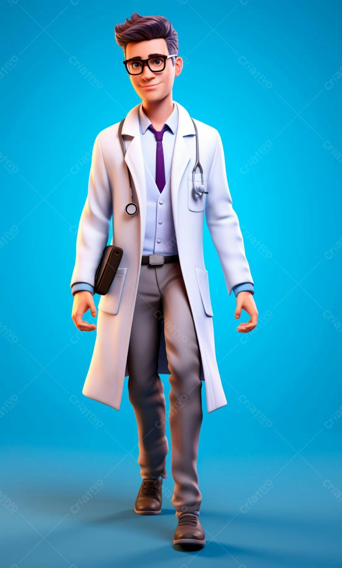 Médico 3D estilo cartoon andando fundo azul