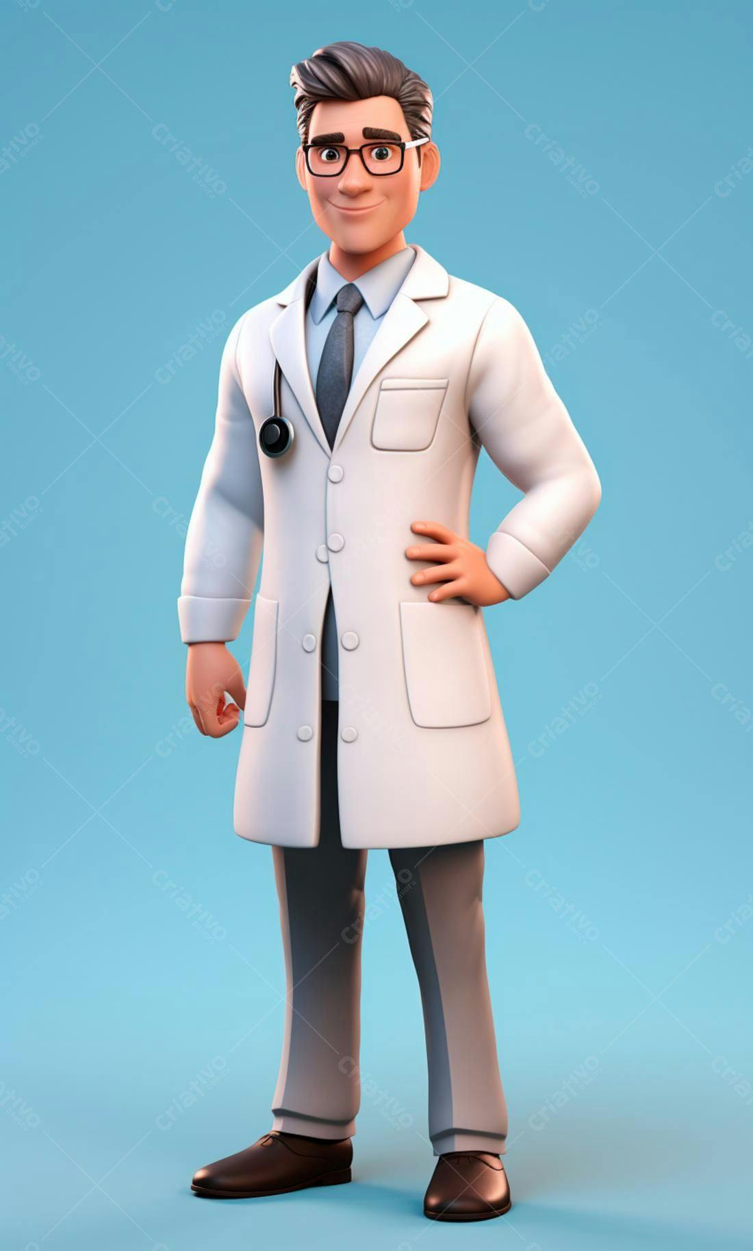 Médico de desenho animado sorridente em fundo azul