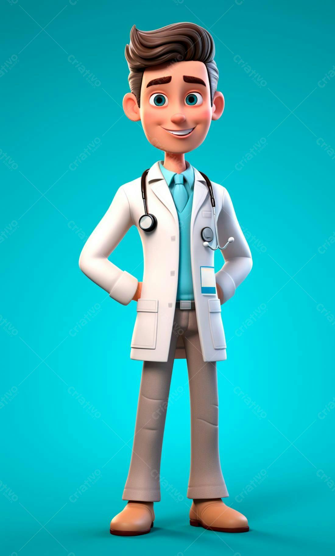 Médico Cartoon Sorrindo fundo azul