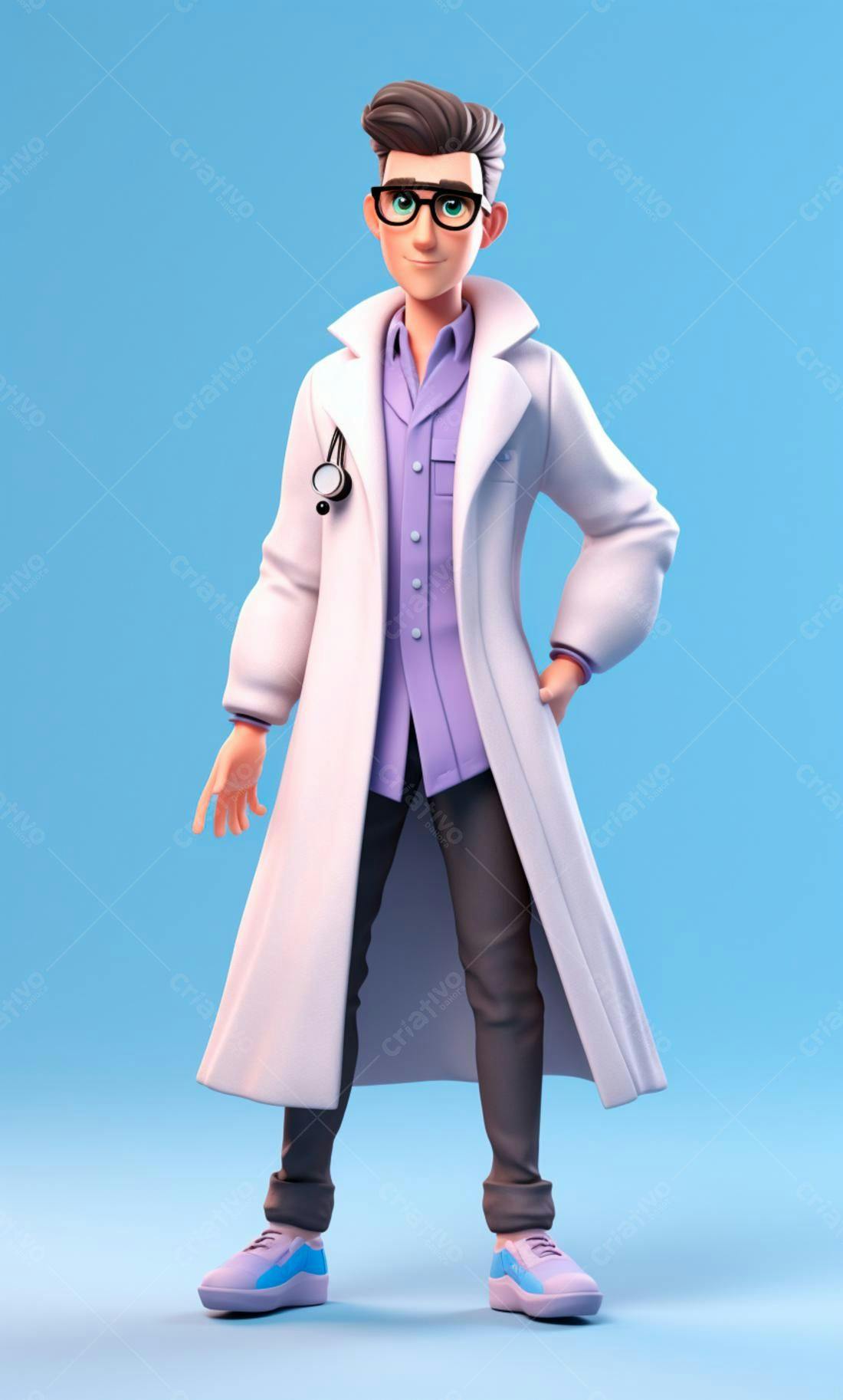 Médico 3D sorrindo em fundo azul
