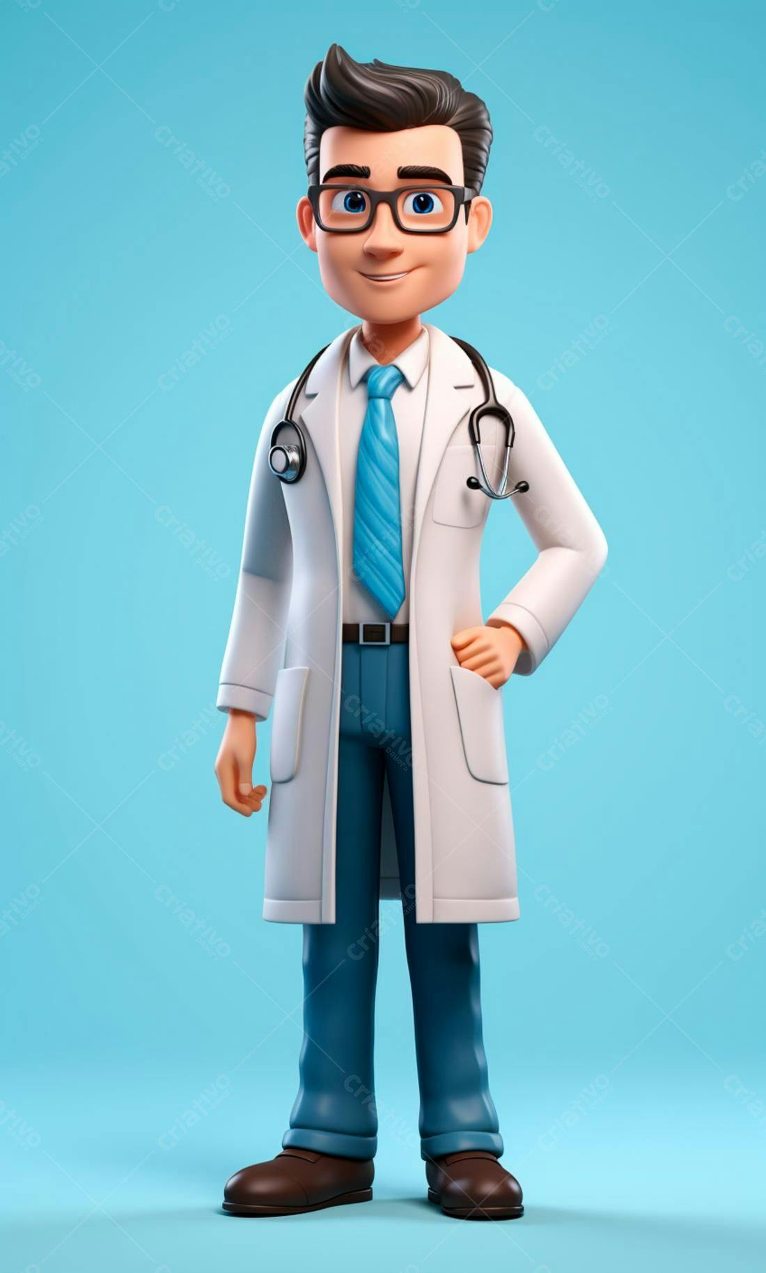 Médico Cartoon Sorrindo em Fundo Azul