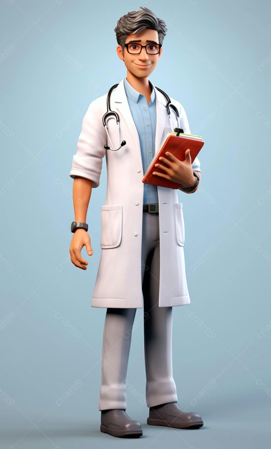 Médico sorridente com prontuário em fundo azul
