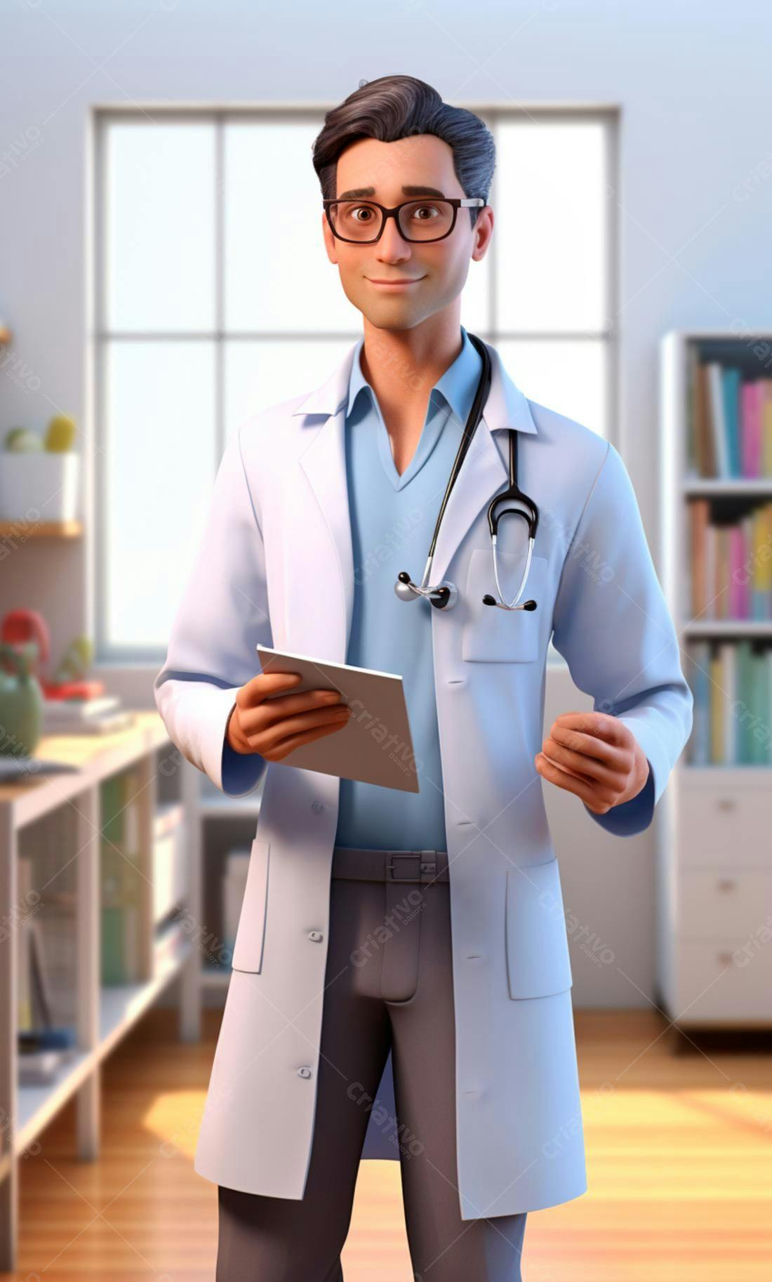 Médico sorridente com prontuário em consultório