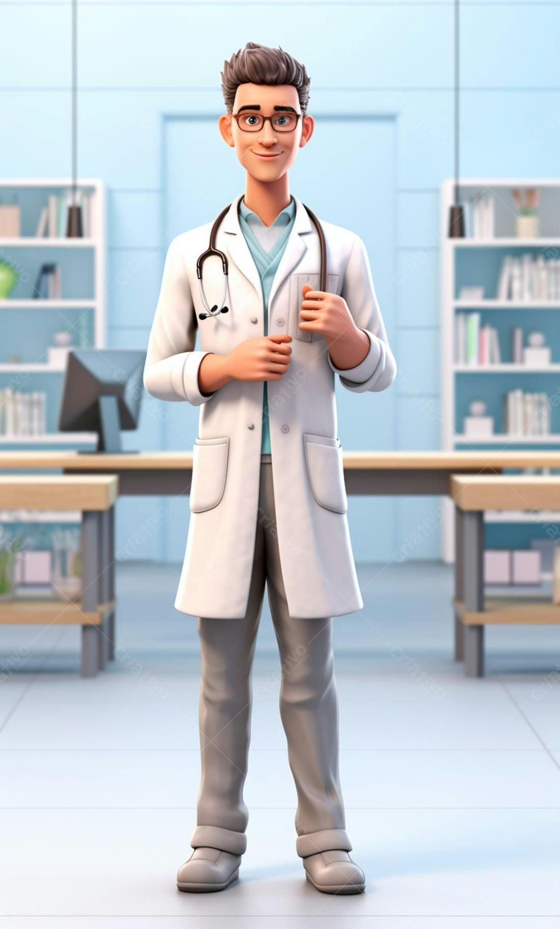 Médico desenho animado consultório branco