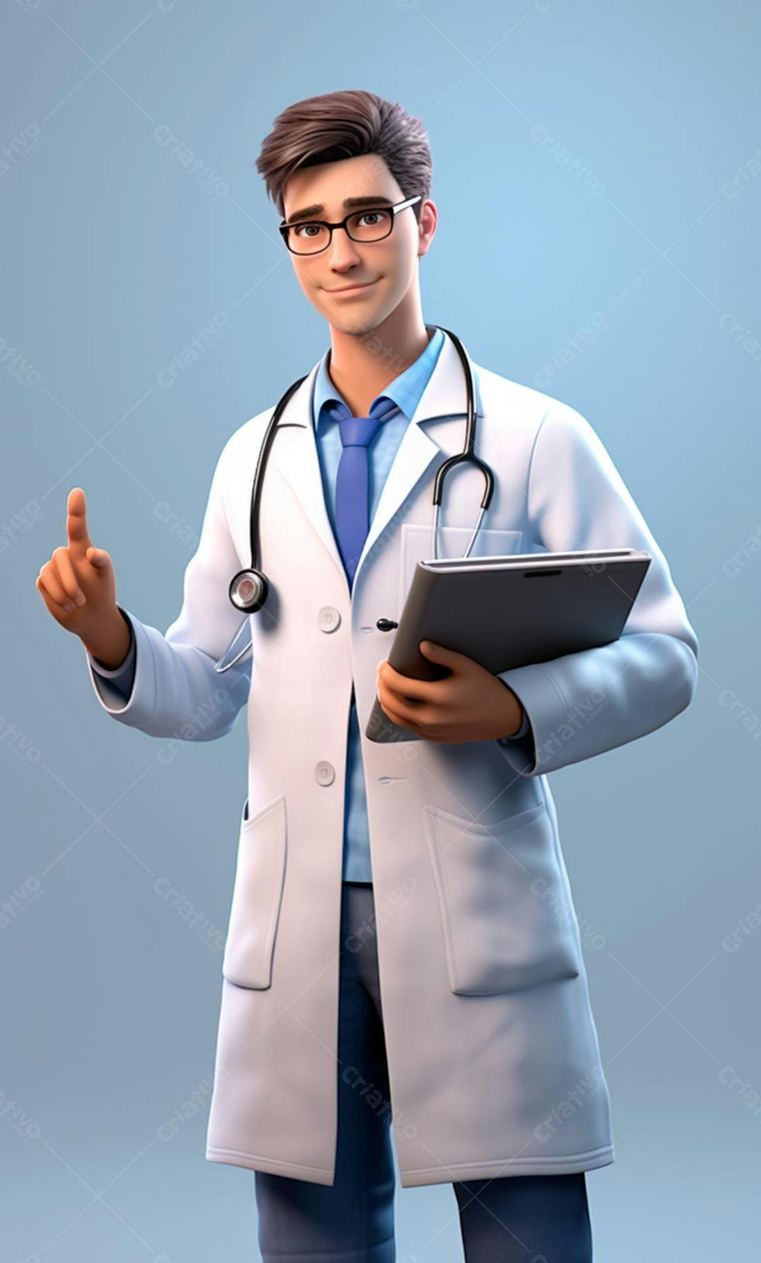 Médico 3D sorrindo com prontuário