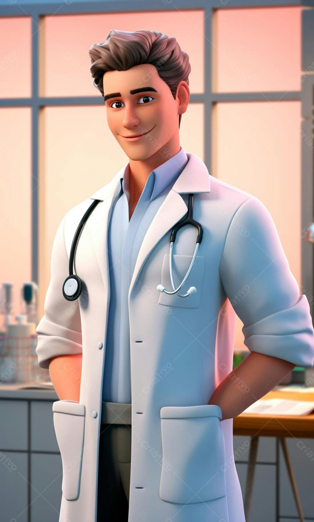 Médico animado sorrindo em consultório