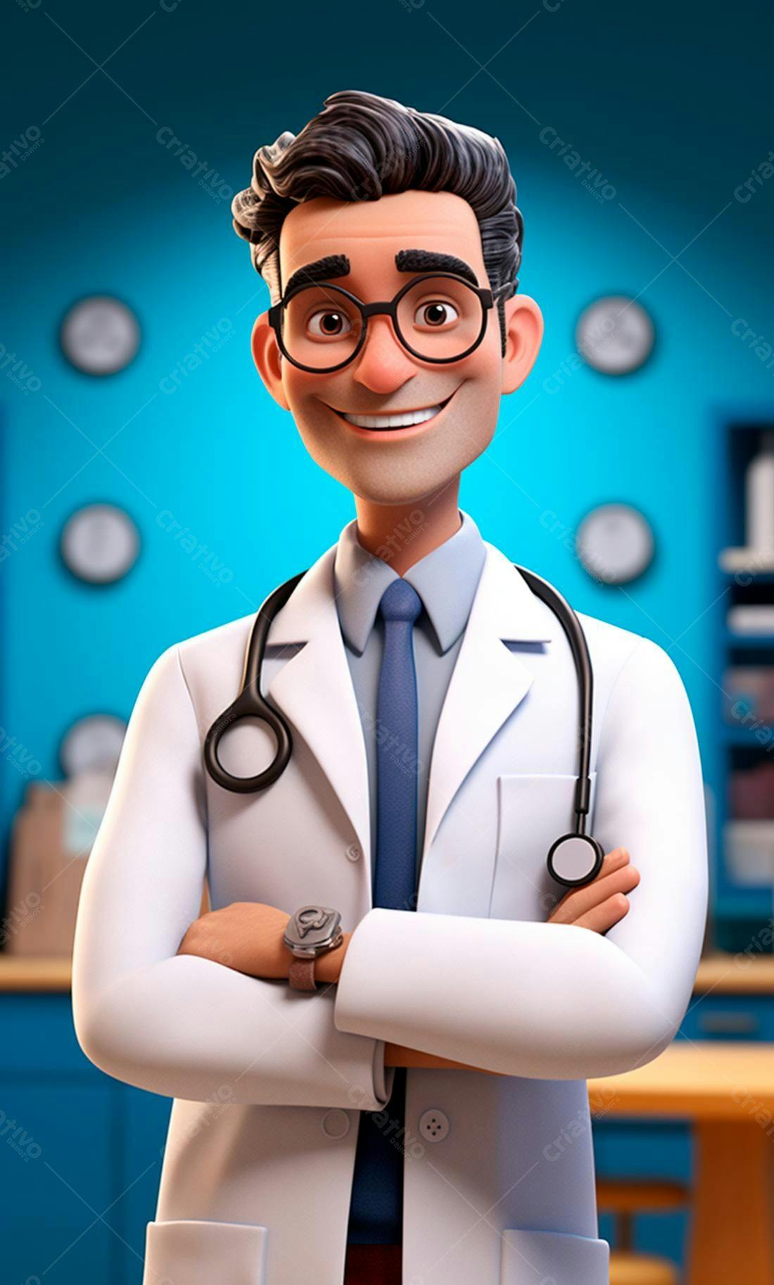 Médico sorridente em consultório azul