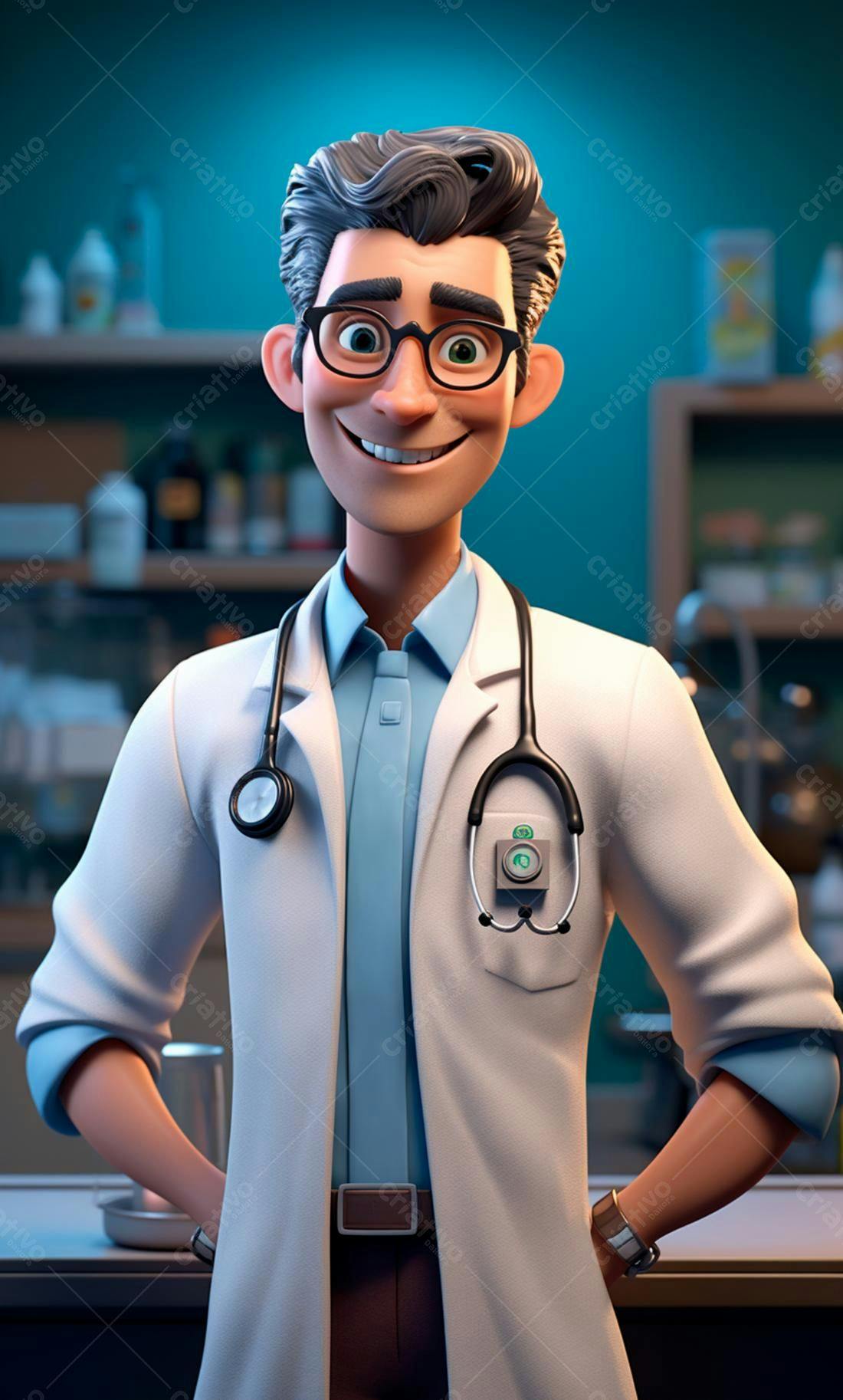 Médico 3D alegre consultório branco