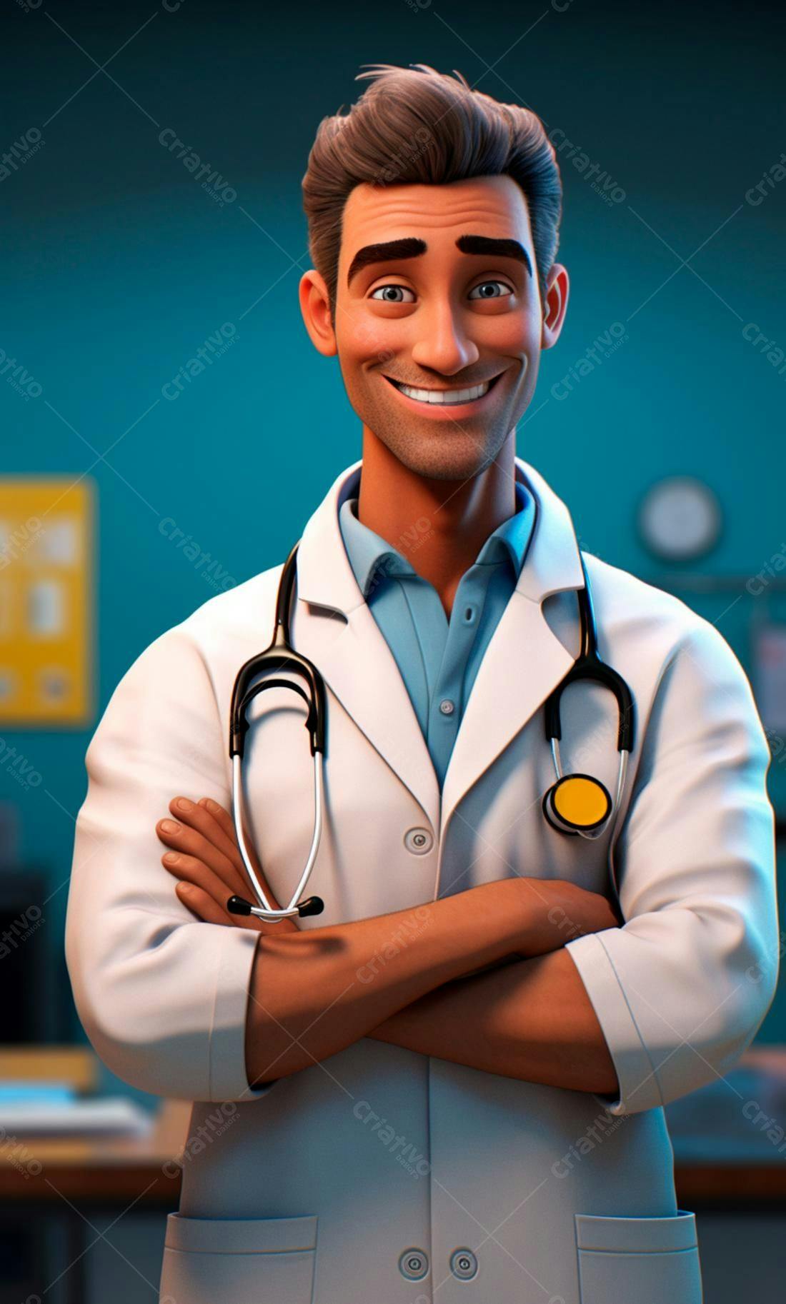 Médico sorridente com estetoscópio consultório
