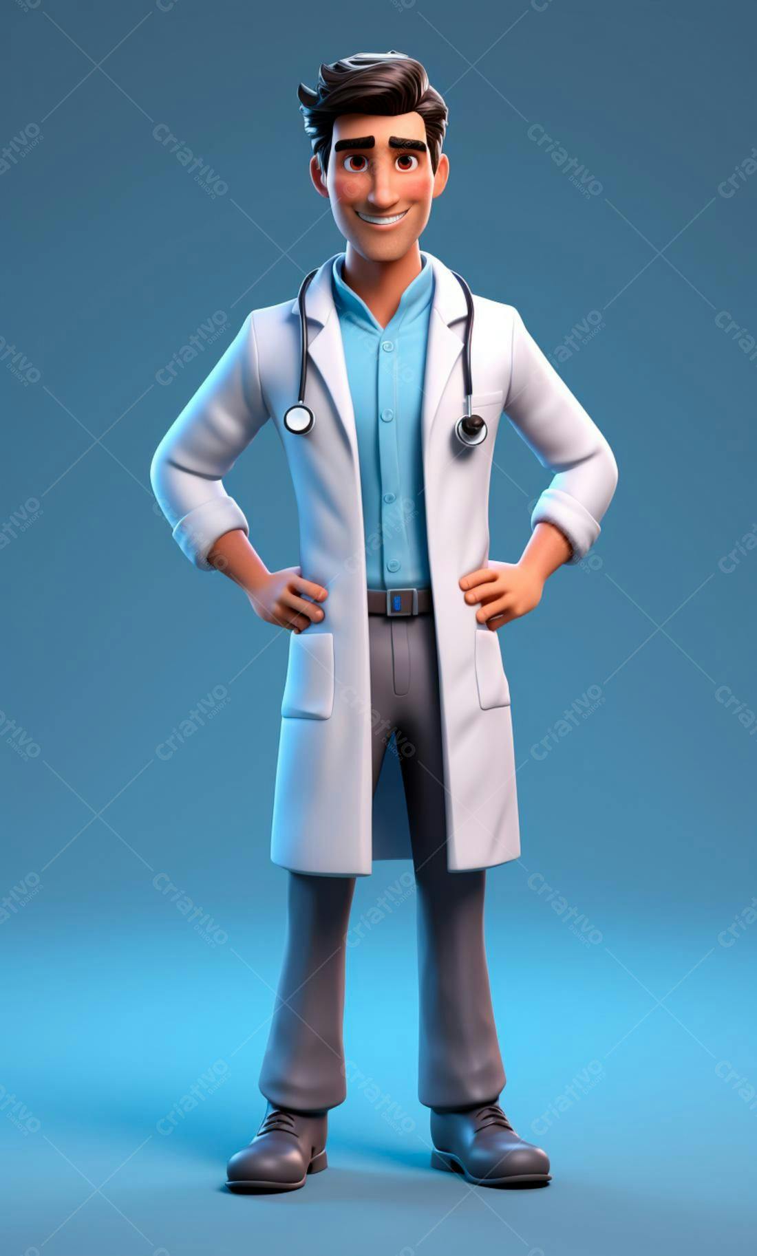 Médico desenho animado sorrindo fundo azul