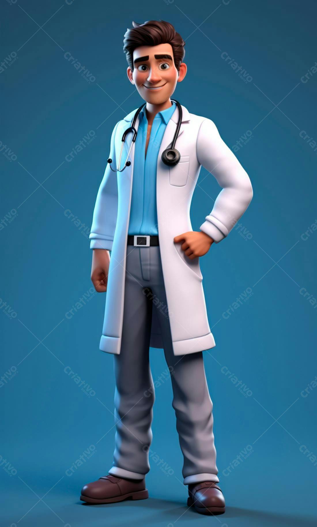 Médico desenho animado sorrindo fundo azul