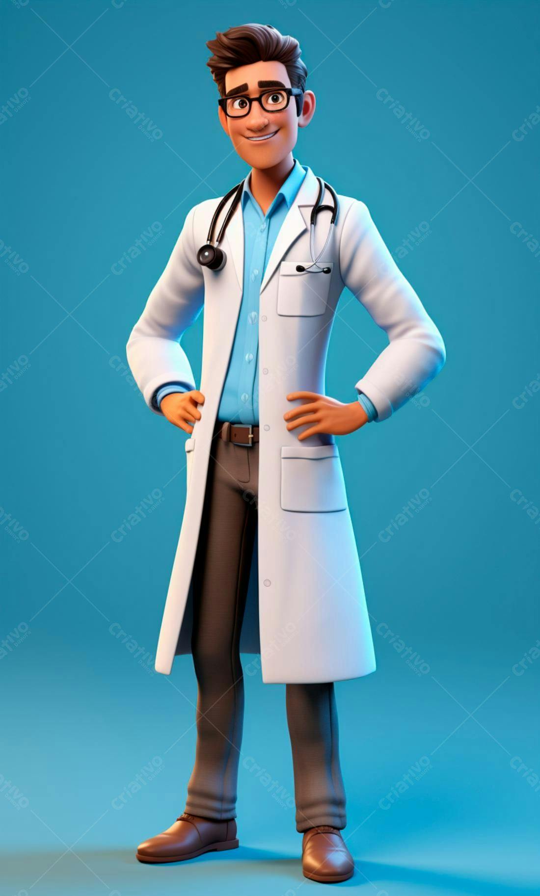 Médico desenho animado sorrindo fundo azul