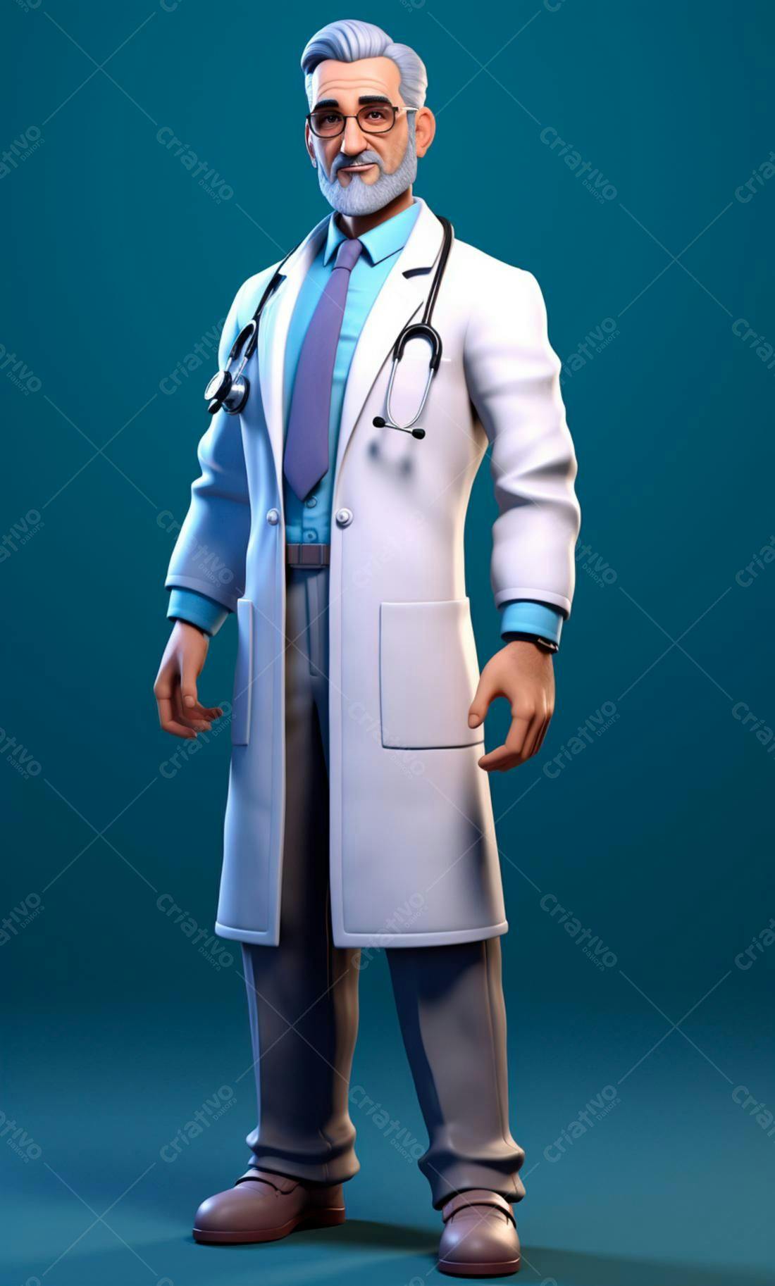 Médico idoso com jaleco branco fundo azul