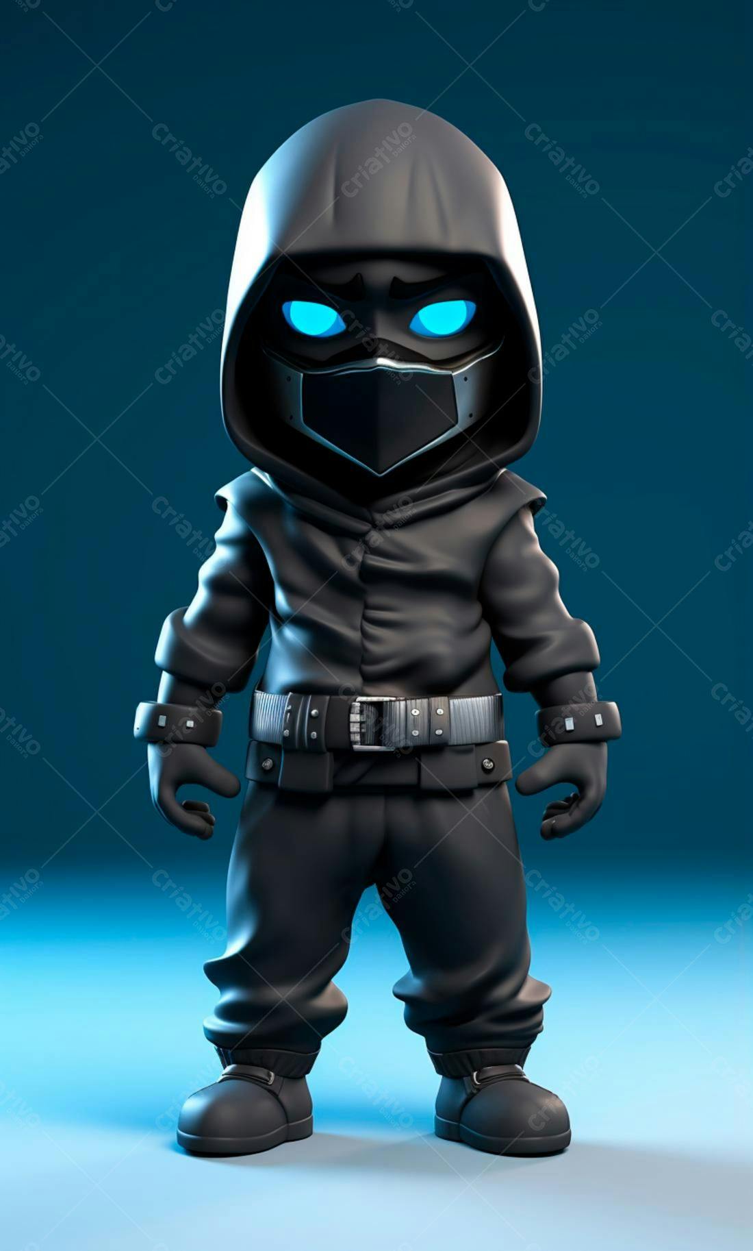 Personagem 3D com capuz preto e máscara