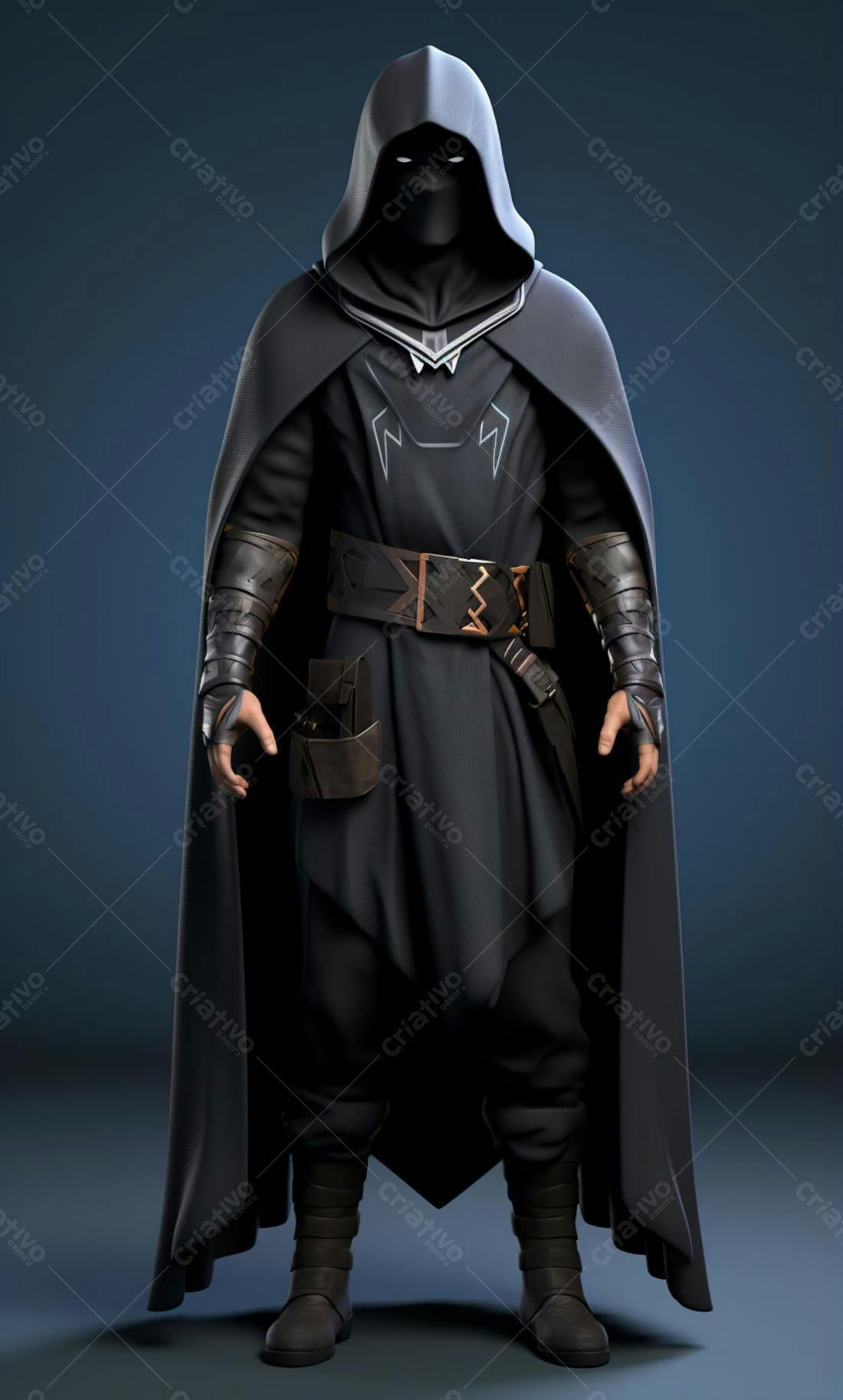 Personagem misterioso com capa negra e capuz