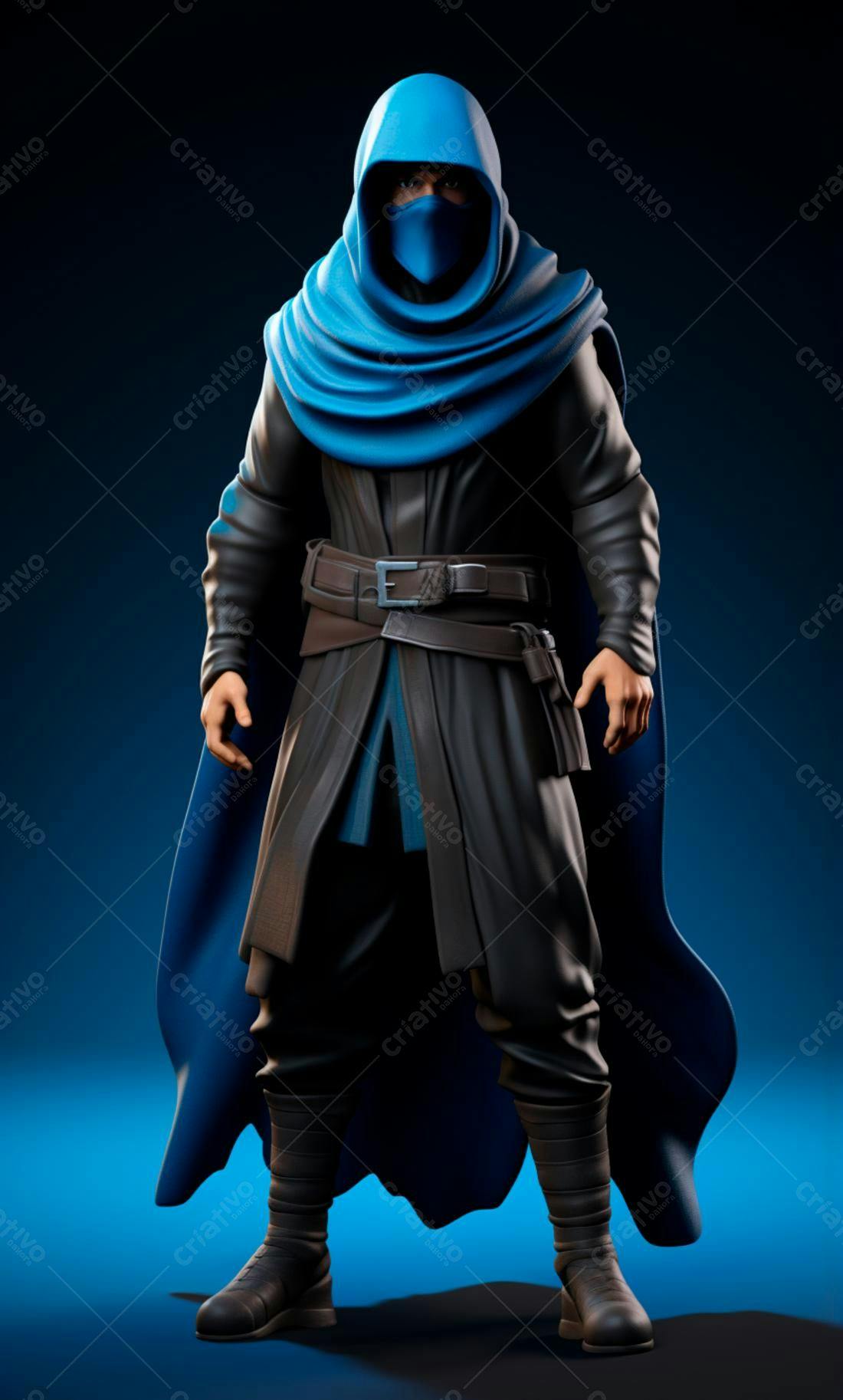 Guerreiro encapuzado azul e preto fundo escuro
