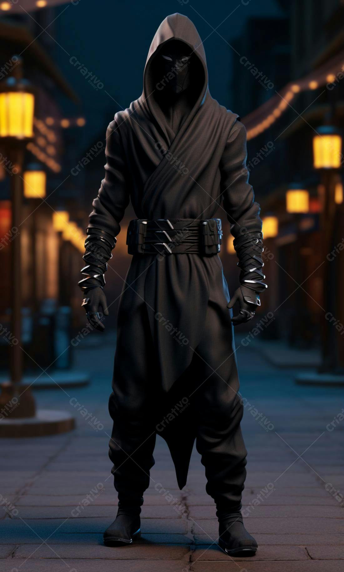 Ninja em rua noturna com iluminação amarela