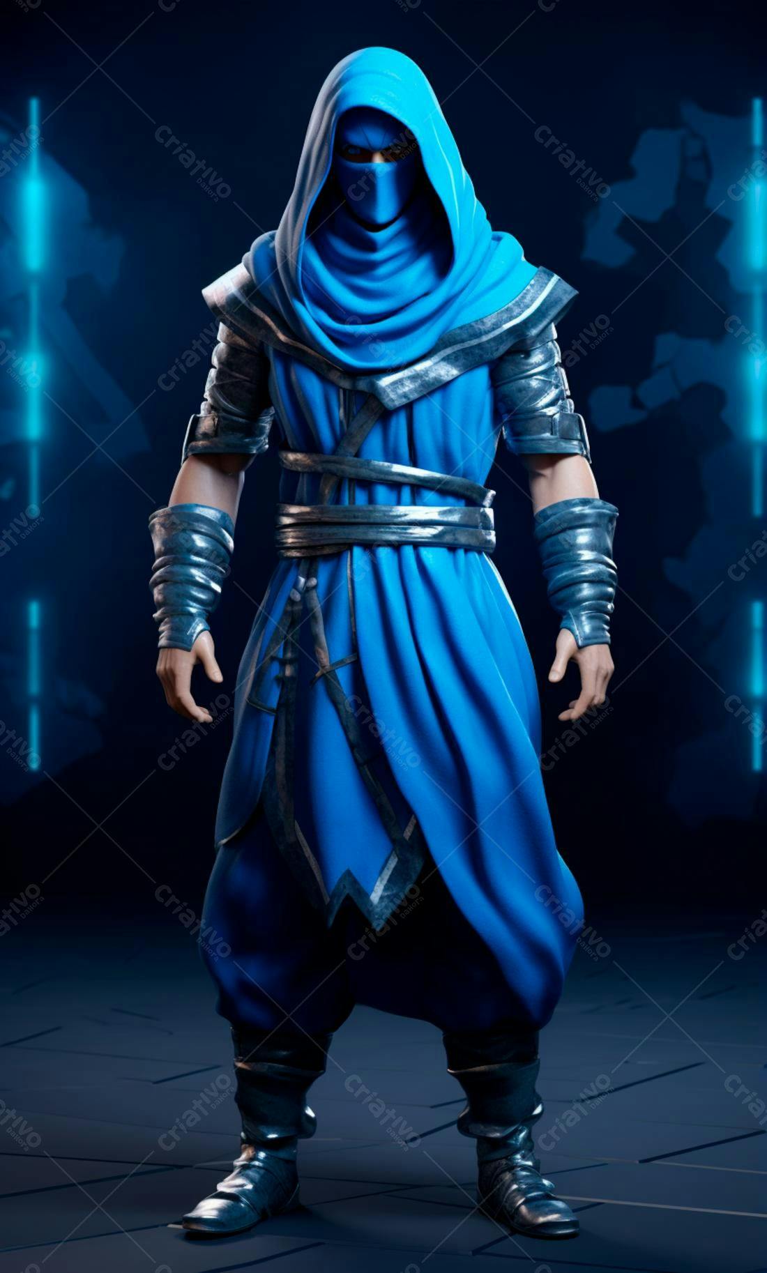 Guerreiro Ninja Azul em Cenário Escuro