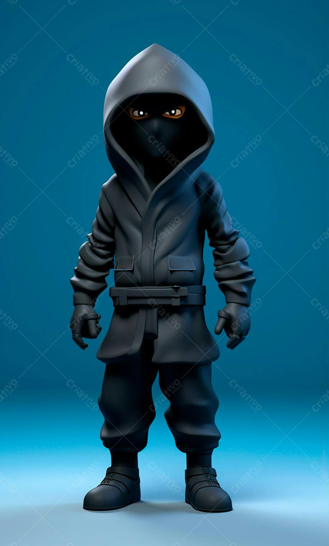 Personagem 3D misterioso em fundo azul
