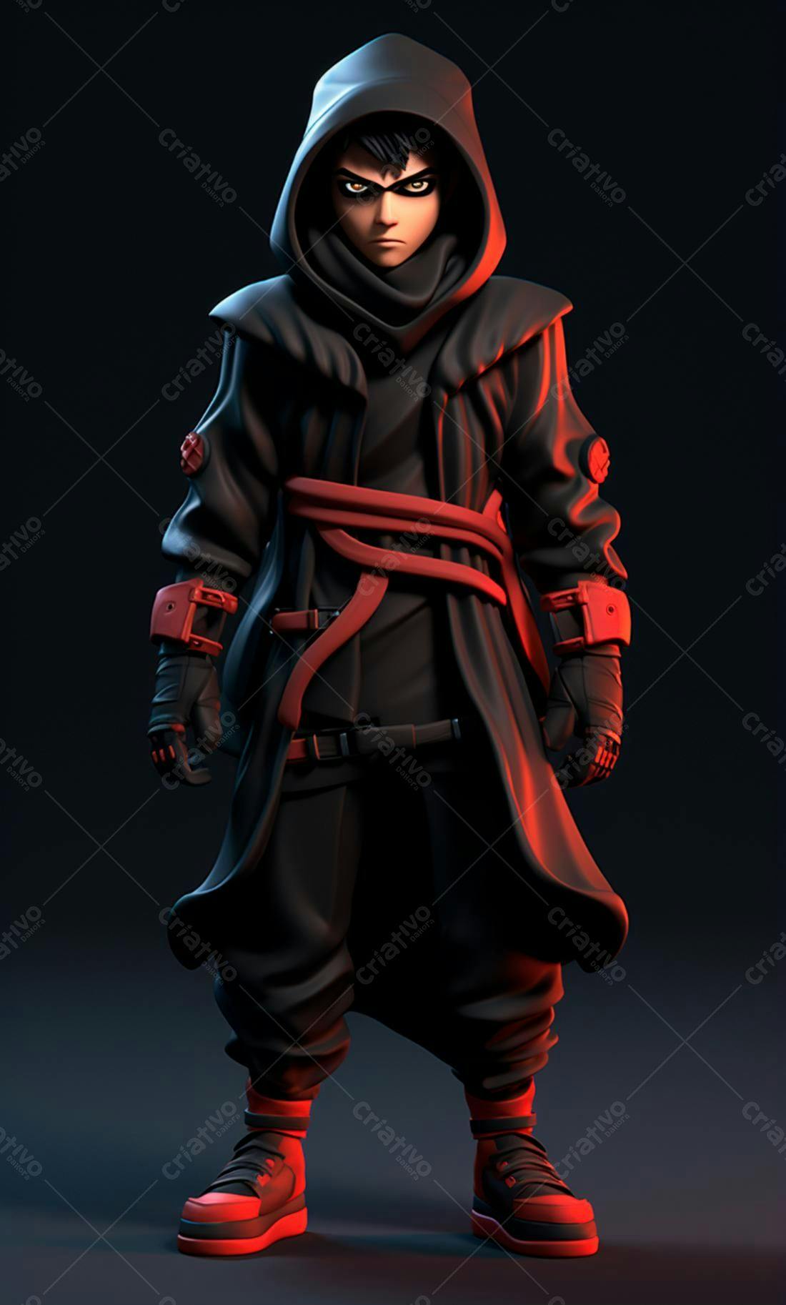 Personagem 3D estilo ninja em preto e vermelho