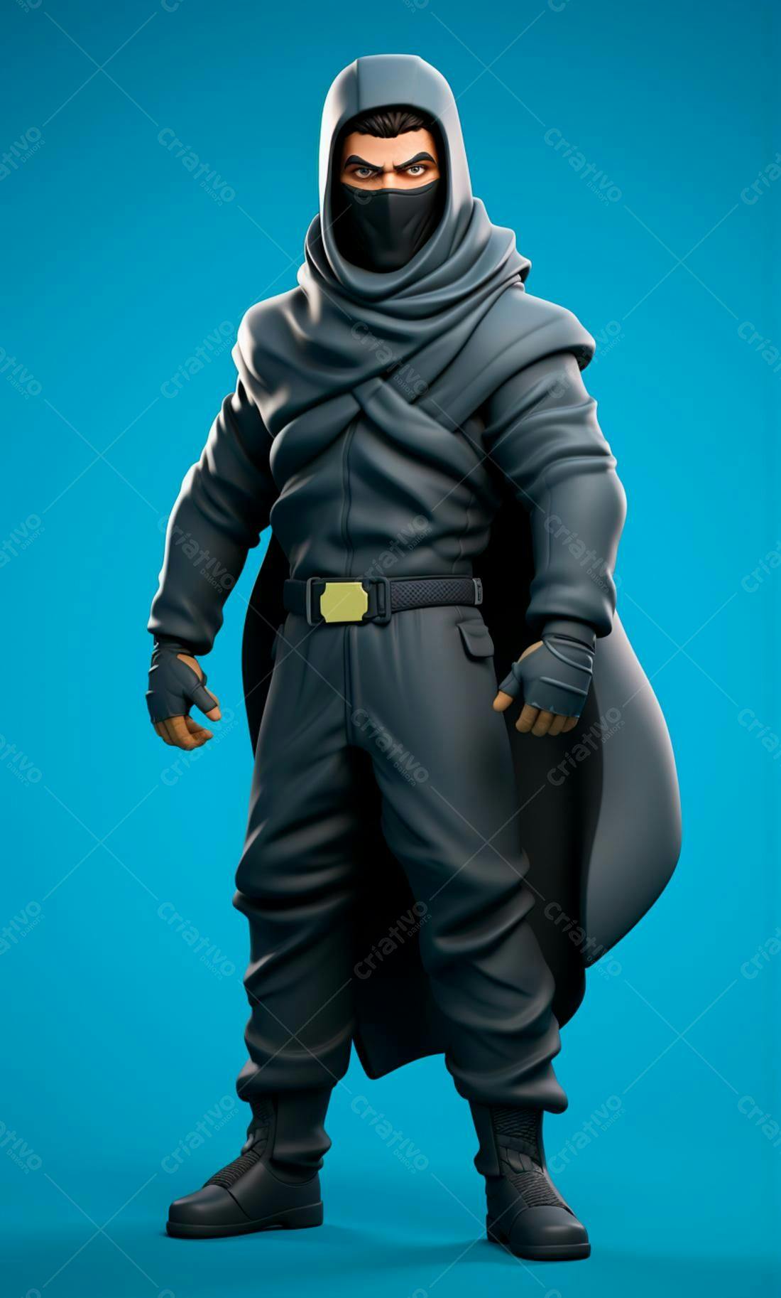 Ninja em traje preto fundo azul