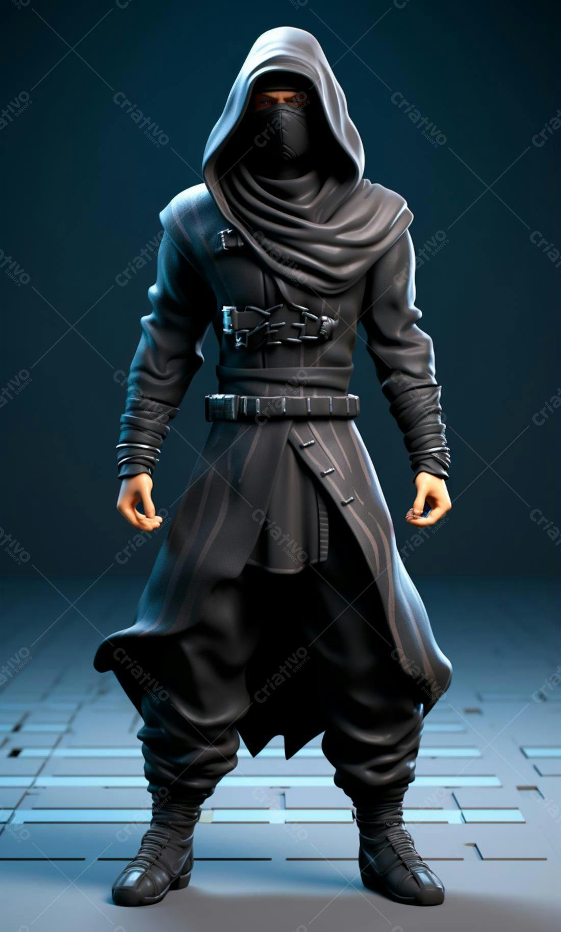 Personagem masculino em capa escura fundo azul