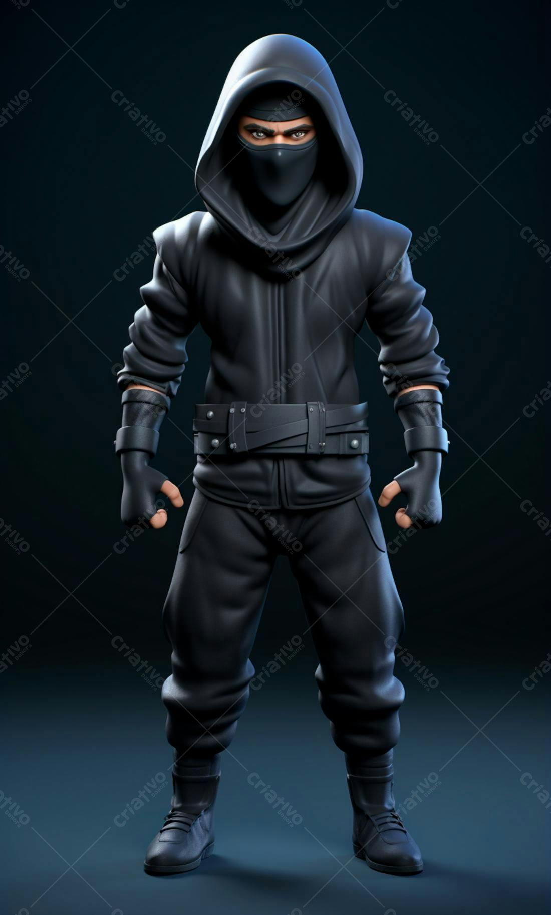Ninja em traje preto fundo escuro
