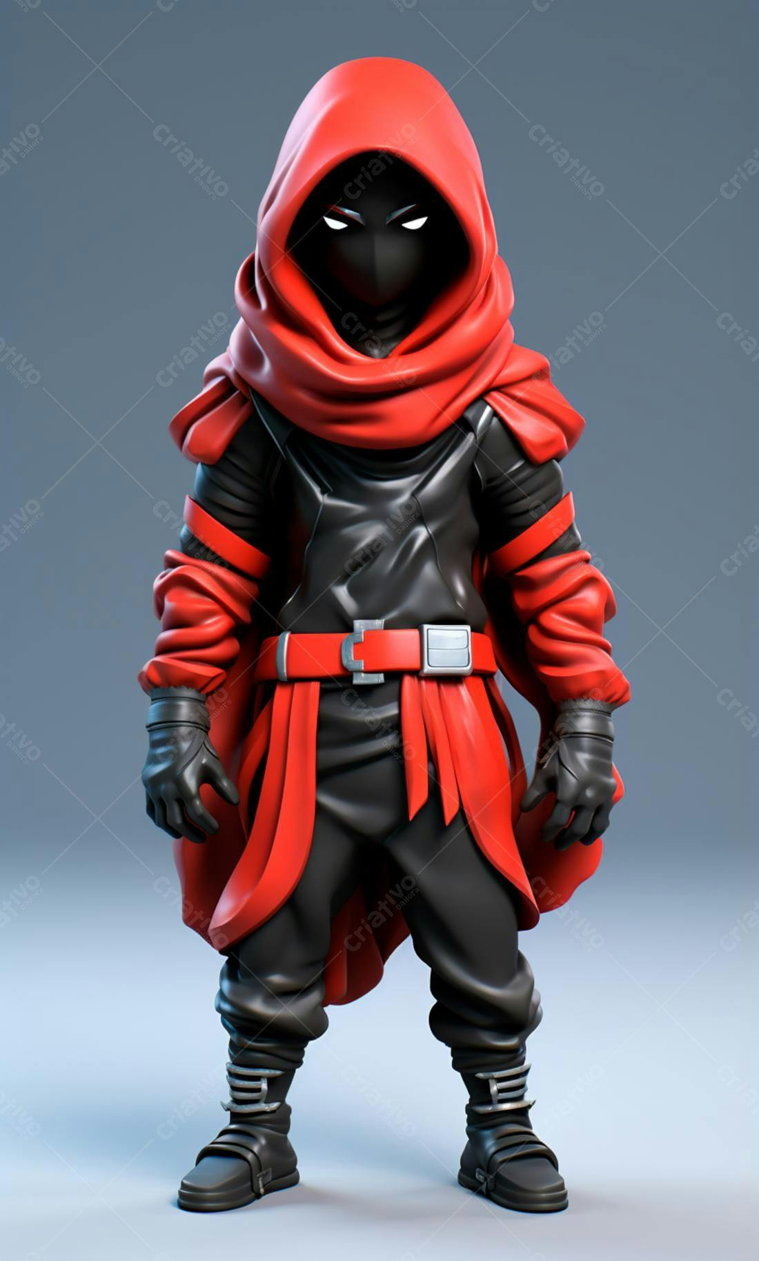 Personagem 3D vermelho e preto estilo anime