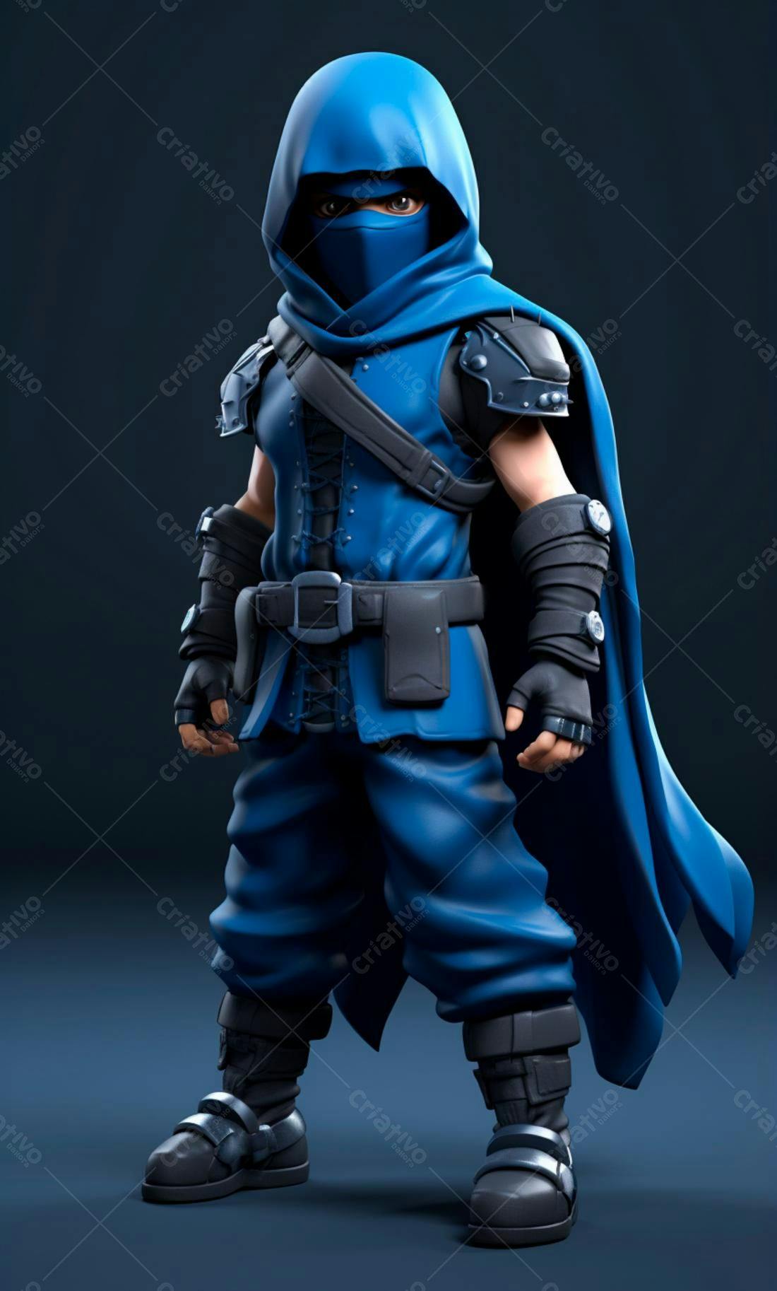 Ninja azul renderizado em fundo escuro