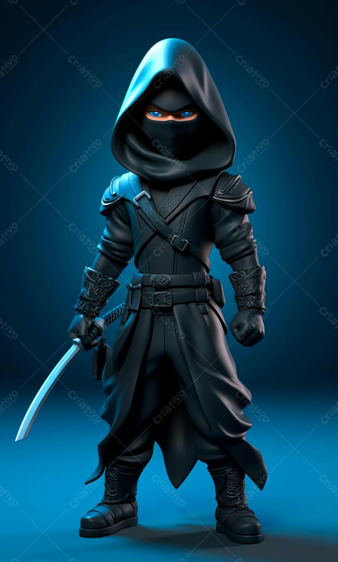 Ninja Sombra com Katana fundo Azul